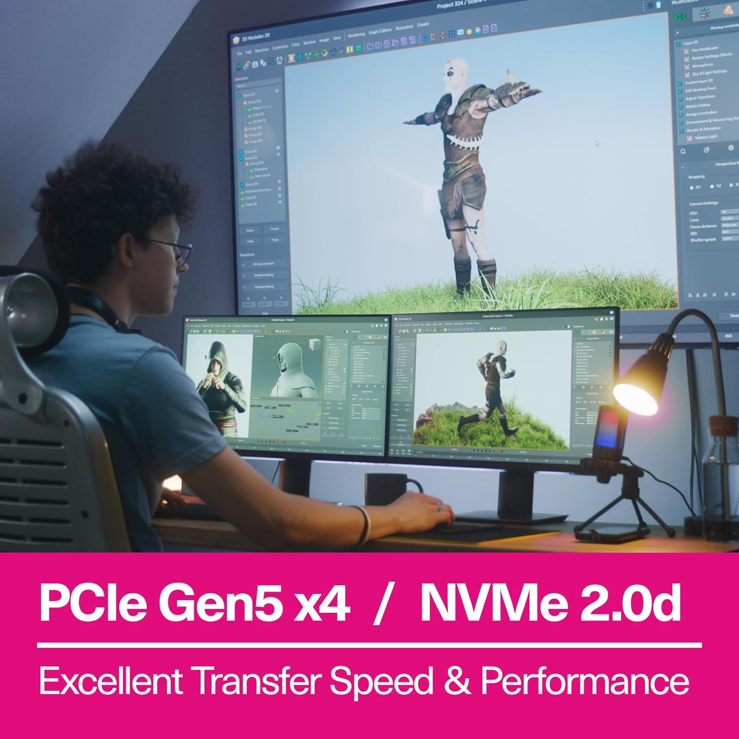 User engaged in high-performance computing with multiple monitors