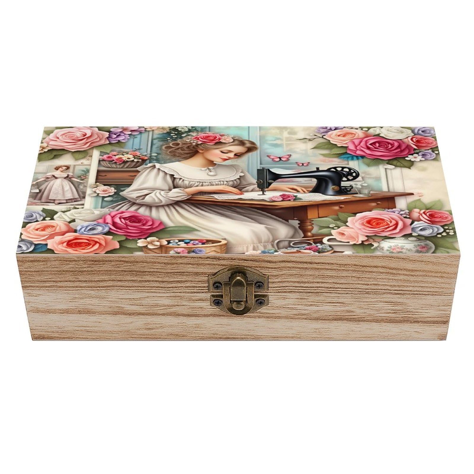 asbwuo Rose Sewing Lady Vintage Wooden Keepsake Box