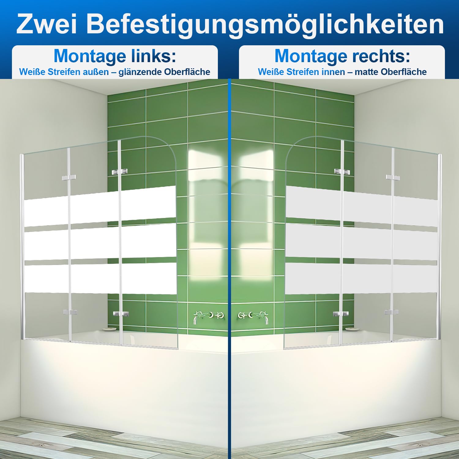 Vasca da bagno 120 x 140 cm, 3 pezzi, pieghevole, parete doccia per vasca da bagno in vetro di sicurezza ESG da 6 mm, con strisce bianche, rivestimento nano, paraspruzzi, argento