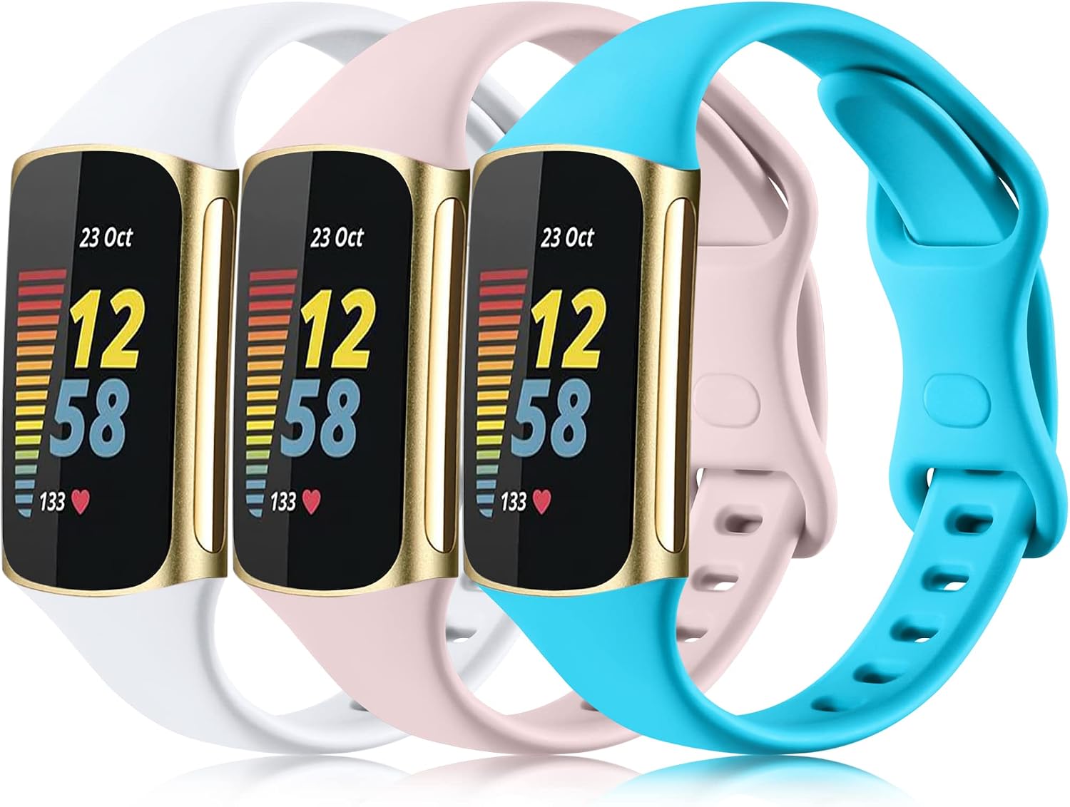 [3 Pack] Osber Slim Bands Compatible for Fitbit Charge 5, Soft Silicone Replacement Wristbands for Women Men (White/Sand Pink/Teal)