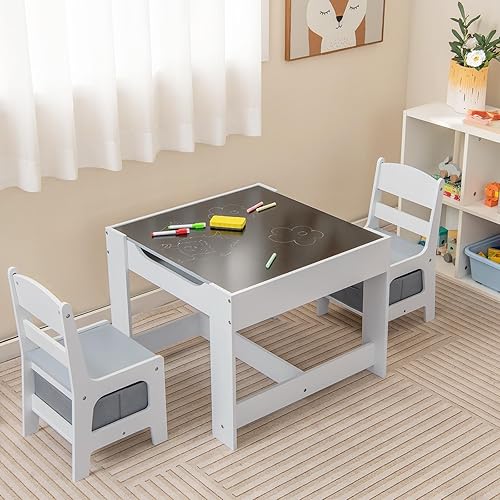 Miniatura 10 de Olakids Juego de mesa y silla para niños, juego de escritorio de madera 3 en 1 con pizarra extraíble, cajón de almacenamiento, mesa de actividades