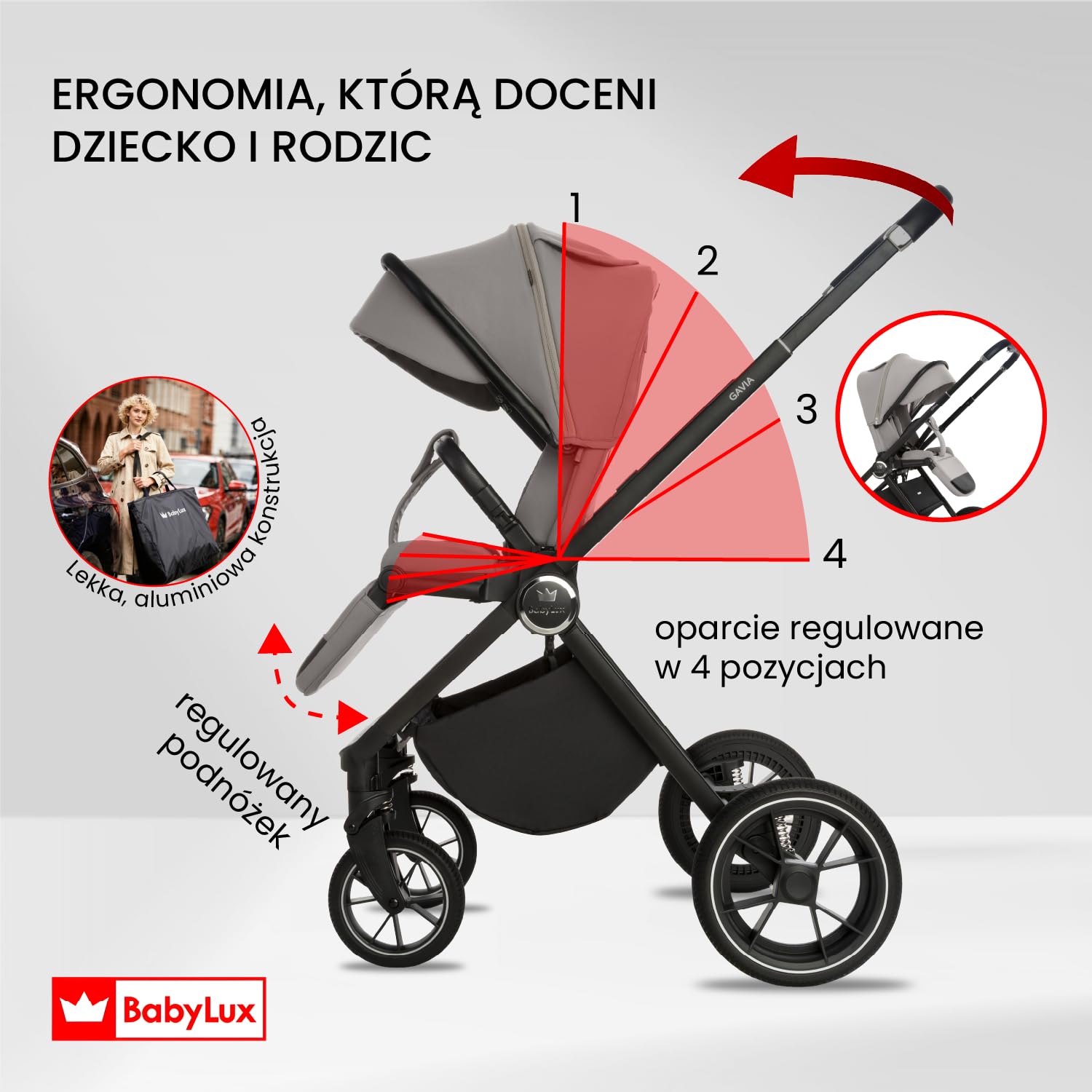 BabyLux Wielofunkcyjny Wózek Dziecięcy 3w1 GAVIA Lekki i Kompaktowy | Gondola, Spacerówka, Fotelik Samochodowy, Składana Aluminiowa Konstrukcja Stelaża, Regulowane oparcie, Akcesoria