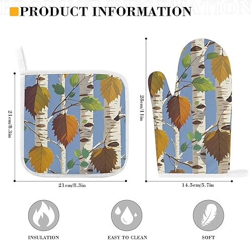 Miniatura 2 de Birch Leaves Oven Mitts and Pot Holders Set Kitchen Oven Glove Cooking Mitts with Hanging Loop Heat Resistant Potholder Set for Chef Baking Cooking