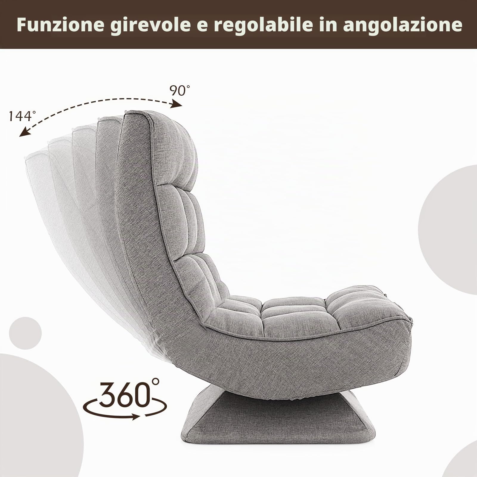 RELAX4LIFE Poltrona da Terra con Base Girevole, Poltrona Relax con Schienale Reclinabile in 4 posizioni, Adatta per Camera da Letto, Ufficio e Soggiorno (71-100 x 63 x 83-92,5 cm, Gray, 1)