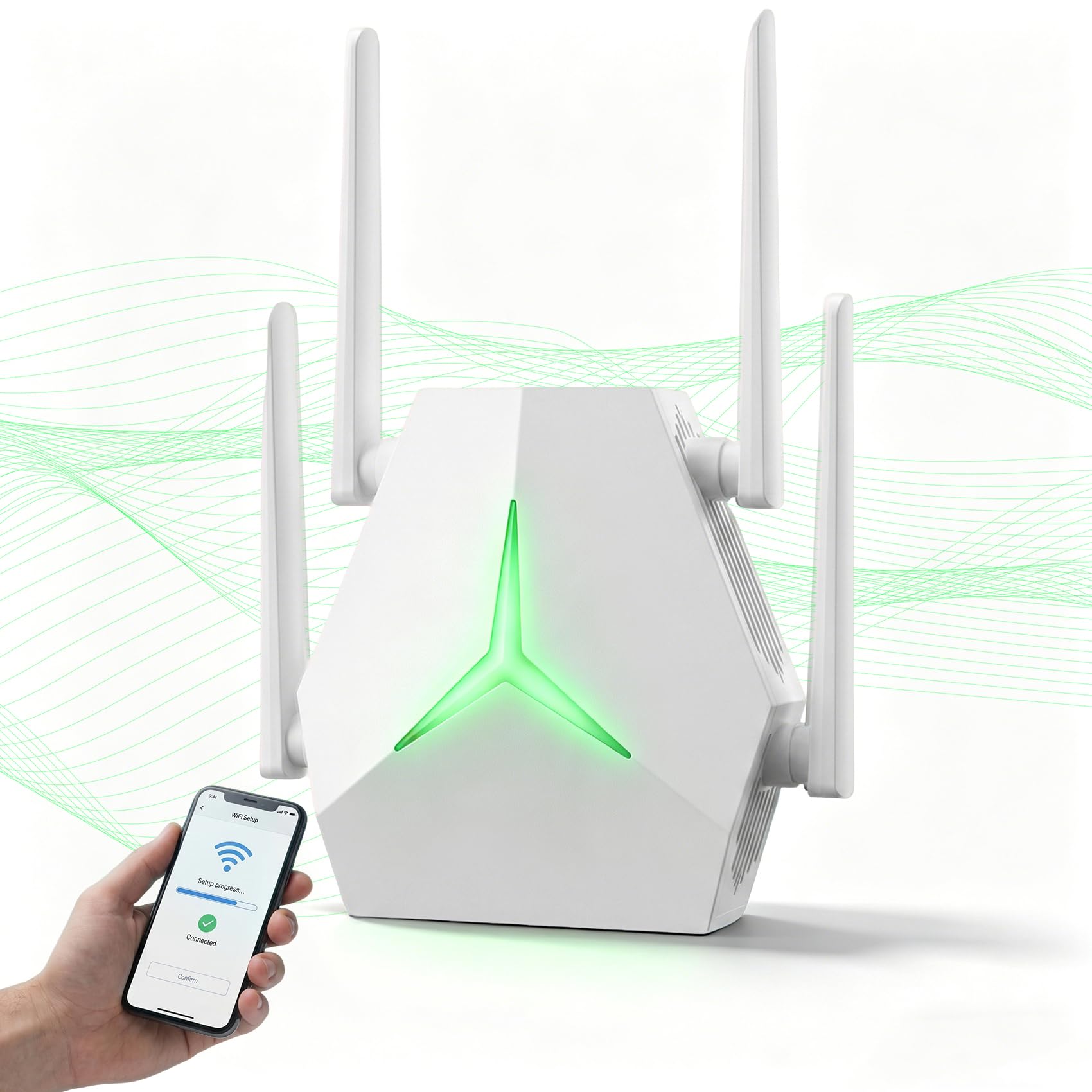 repetiteur wifi puissant, Dual Band 1200Mbps AC1200, 1115㎡ Range, Supports 100+ Devices, 4-Antenna WiFi Repeater with Ethernet Port