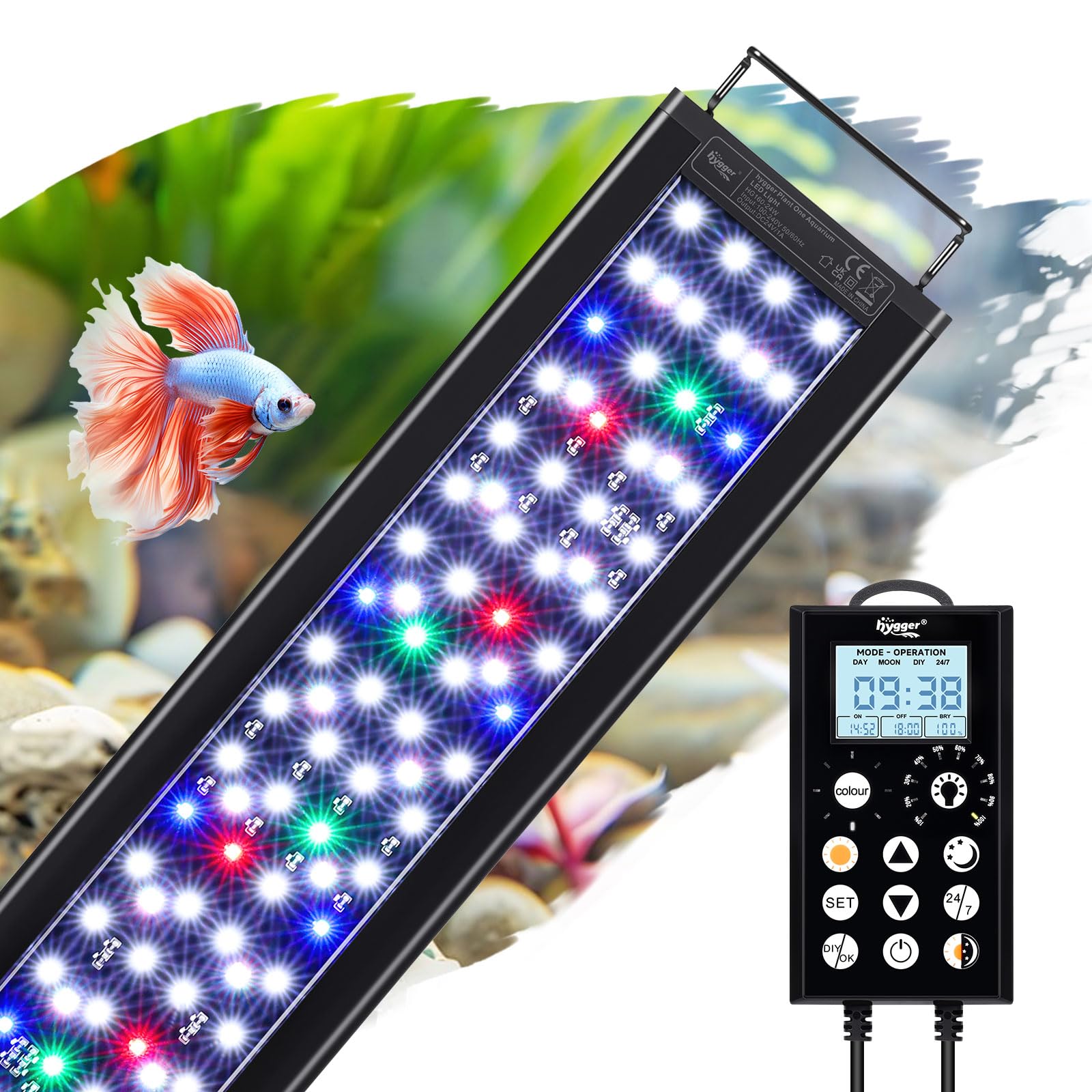 hygger Luce LED per acquario, Luce per acquario a spettro completo, Luce per piante d'acquario con controller, 5 modalità con timer, 8 colori, luminosità regolabile 10 (24W (45-60CM))