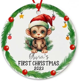 Dinoz Baby First Christmas Monkey Animal Lover, Santa Claus Hat Animal Décor Peronalized Name Both Sided Print Ceramic Round Circle Ornament Keepsake Gifts for House Decorations