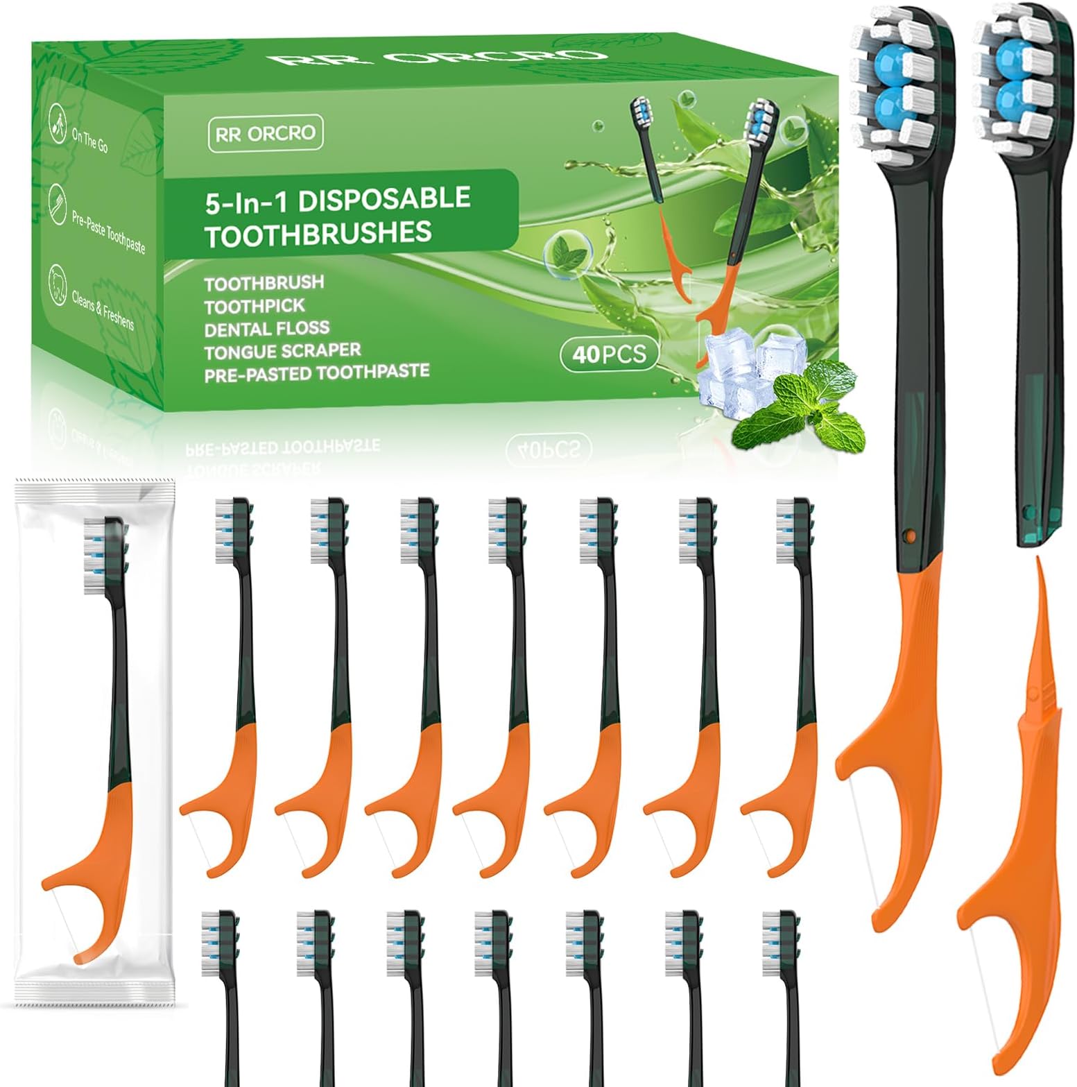 40Pack Disposable Toothbrushes with Toothpaste Pick Floss & Tongue Scraper