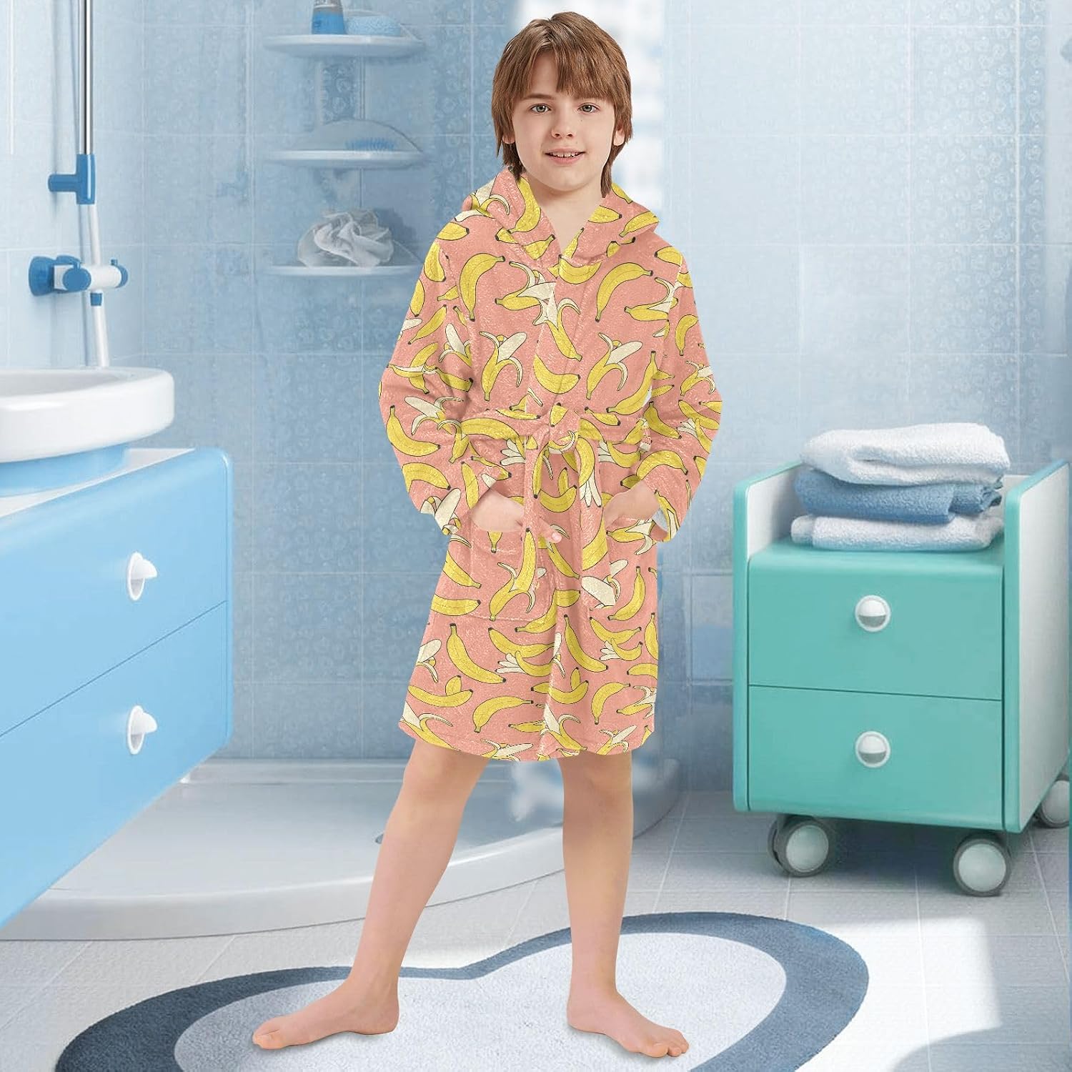 senya Stylish Yummy Bananas Toddler Hooded Bathrobe Kids Soft Plush Bath Towel Robes for Boys Girls 2-12 Years
