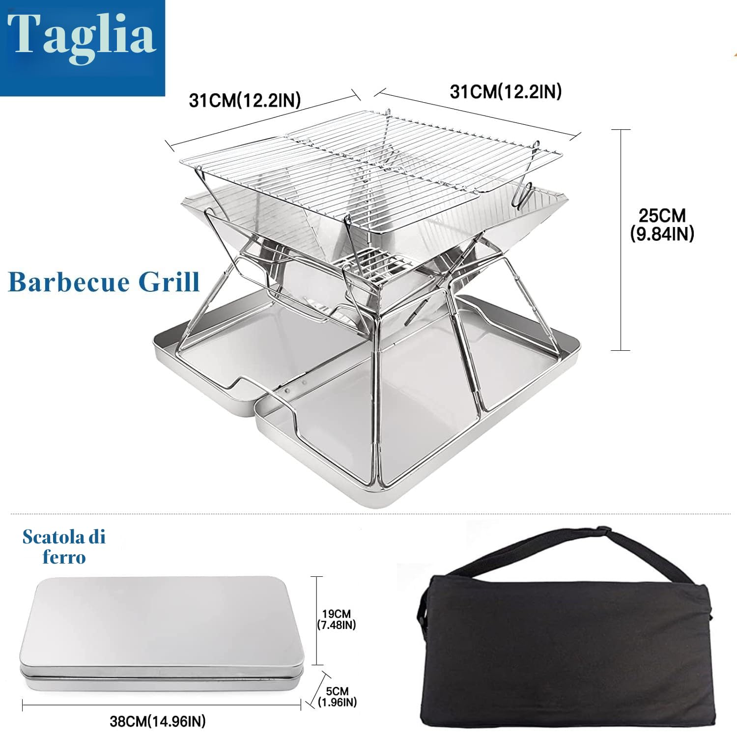 KAHEIGN Pozzo del Fuoco Dell'acciaio Inossidabile, Griglia per Barbecue Pieghevole Pozzo del Falò Portatile Griglia a Carbone a Legna Sollevabile - con Ferro Scatola, Borsa per Trasporto
