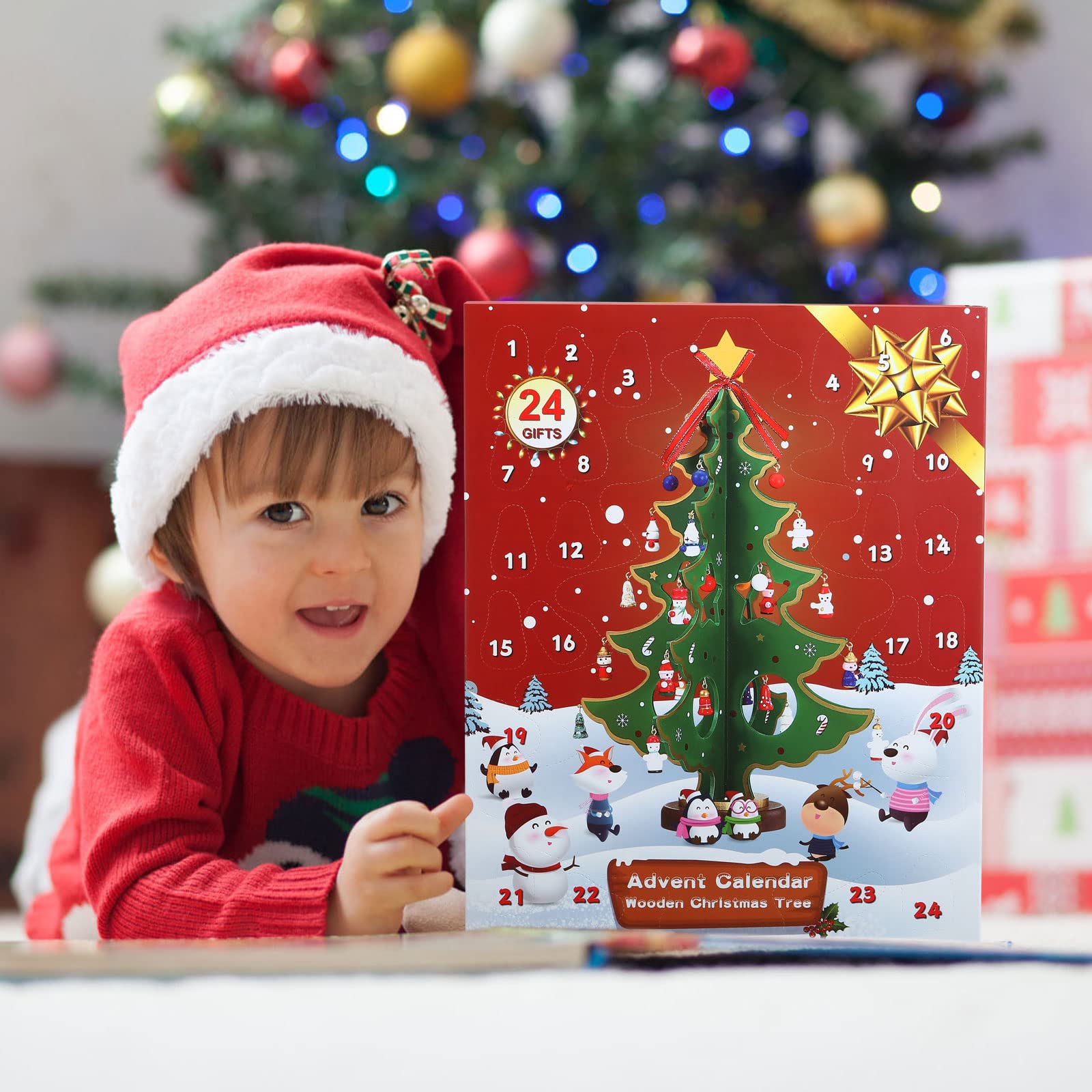 LEMESO Calendario de Adviento Árbol de Navidad Madera 3D con 24 Decoraciones Colgantes 35,5cm