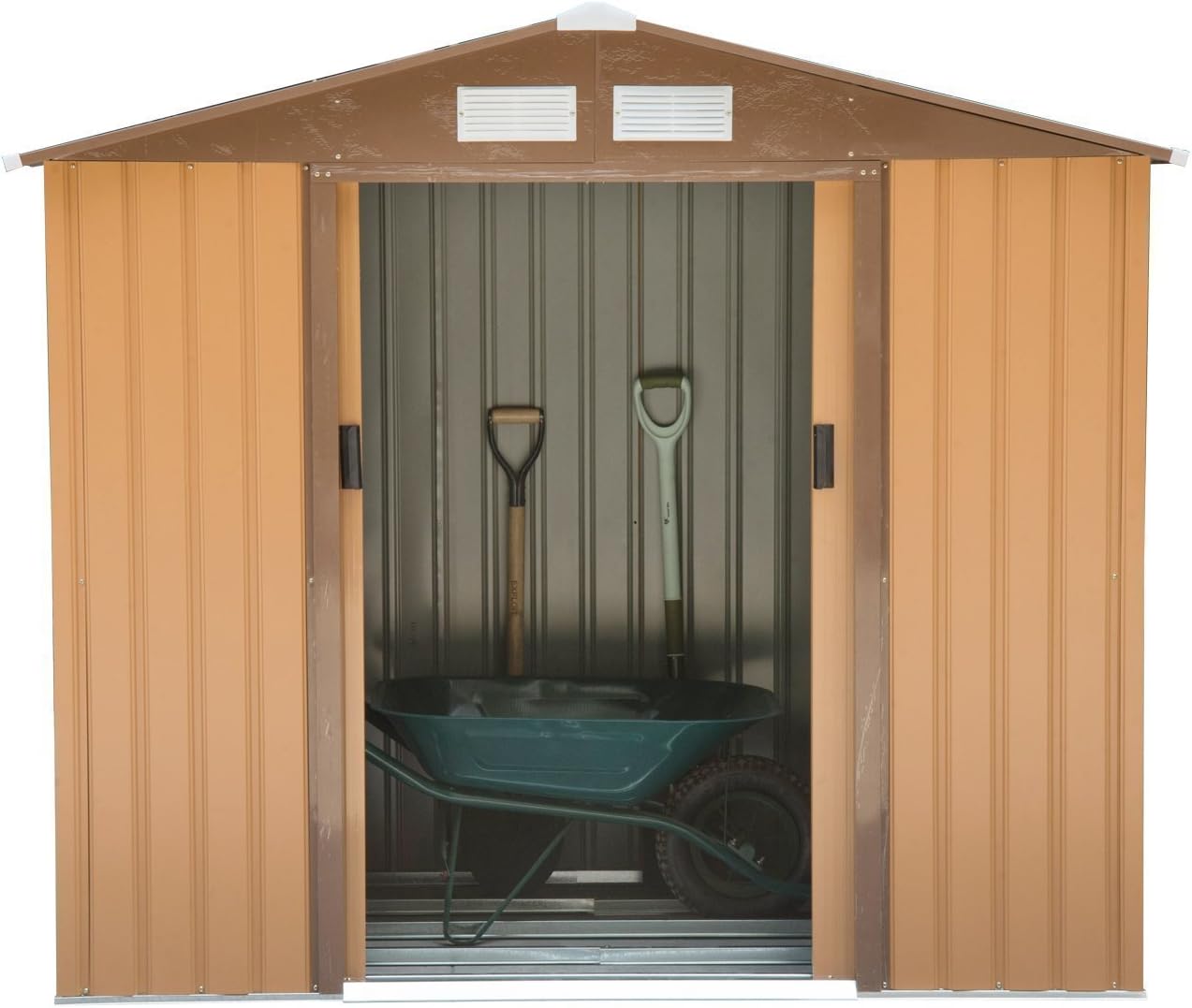 Outsunny Lockable Garden Shed Large Patio Roofed Tool Metal Storage Building Foundation Sheds Box Outdoor Furniture (6 x 4 FT, Khaki) - Image 4