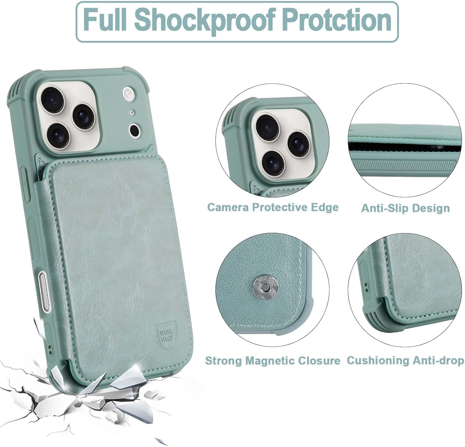 VANAVAGY Compatible for iPhone 17 Pro Max Wallet Case with RFID Blocking Card Holder, [Screen Protector] PU Leather Kickstand Card Slots Magnetic Clasp Shockproof Case for Women Men,Light Mint
