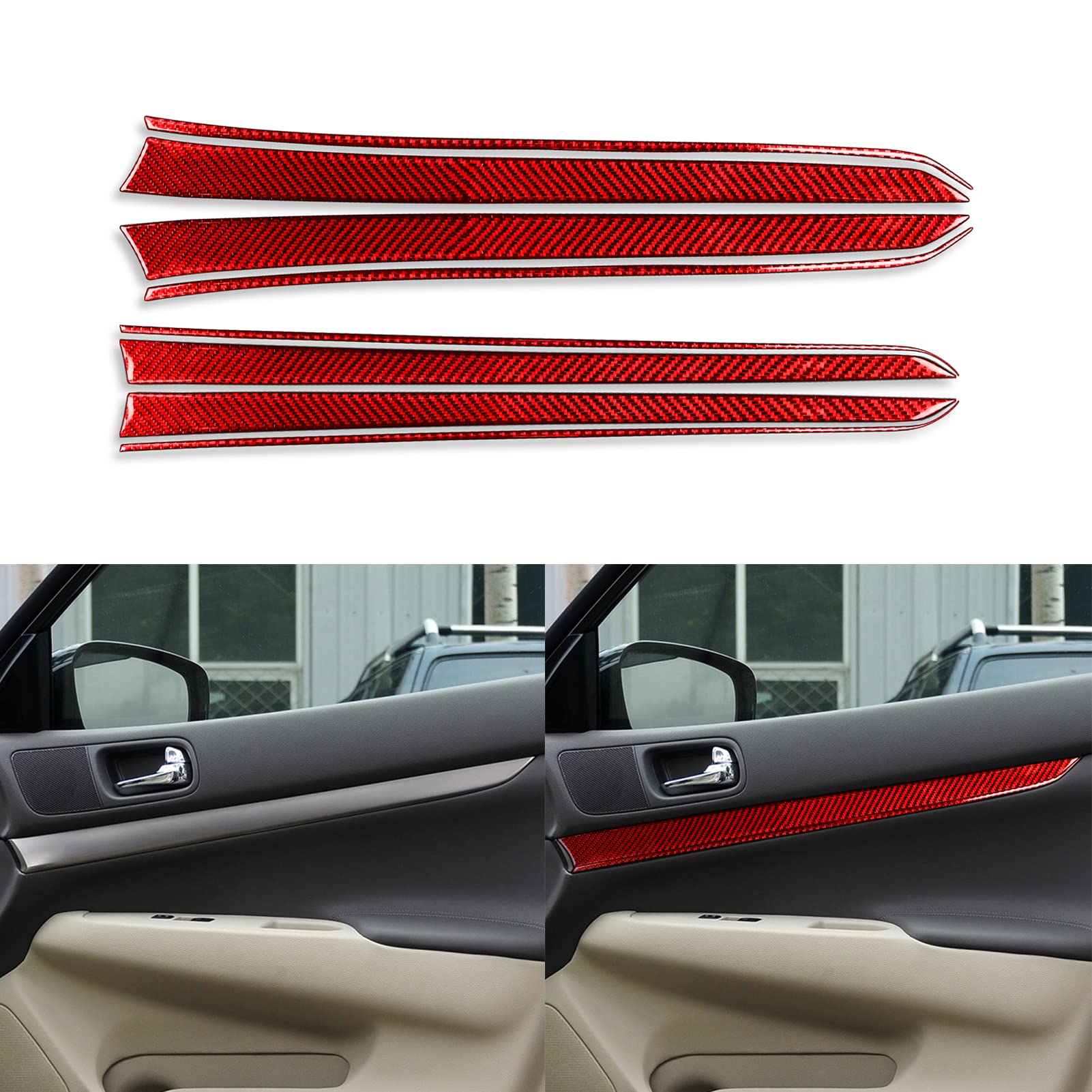 NVCNX Real Carbon Fiber Front Rear Door Inner Panel Decal Strip Cover Trim Soft Sticker Car Interior Accessories for Infiniti G37 2008-2013, for G35 2007-2008, for G25 2011-2012 Sedan 8PCs Red A