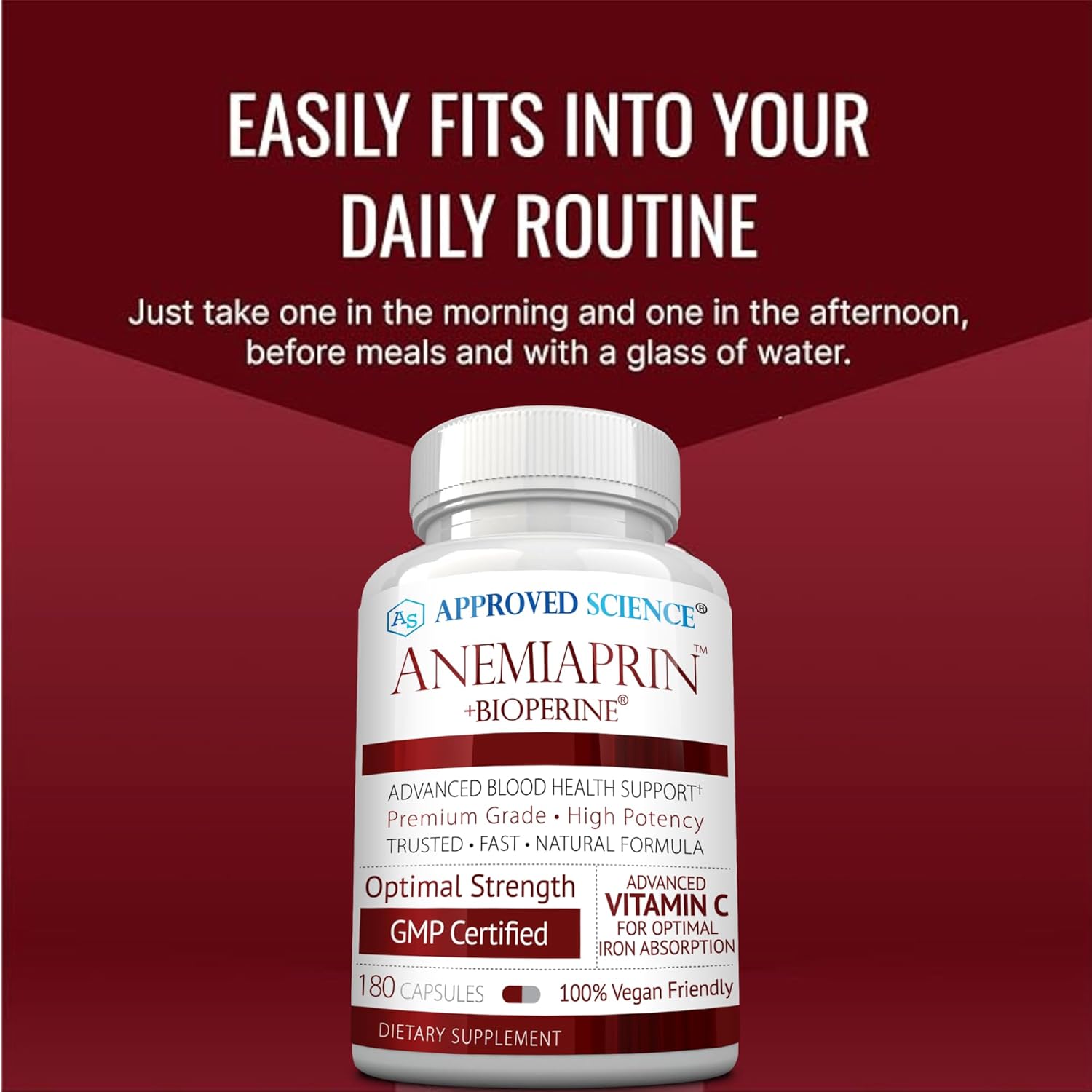 Approved Science Anemiaprin - Absorbable Iron, Vitamin C - Gentle On Stomach - 180 Capsules - 3 Month Supply - Non-GMO, Vegan
