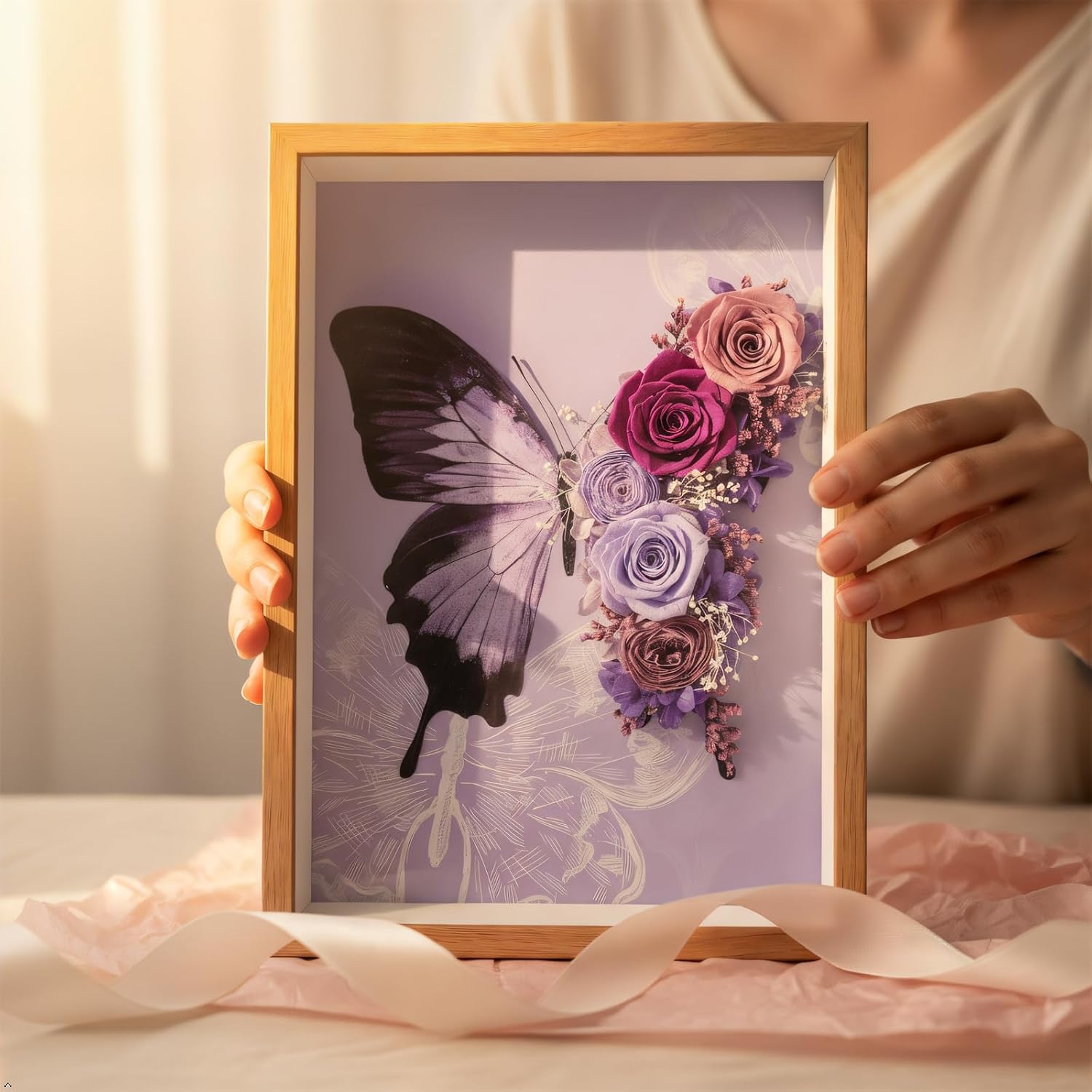 Preserved Flower Butterfly Shadow Box Frame, 3D Wall Art Decor with Roses, Elegant Home Decoration, Gift for Anniversary, Birthday, Wedding (Purple)