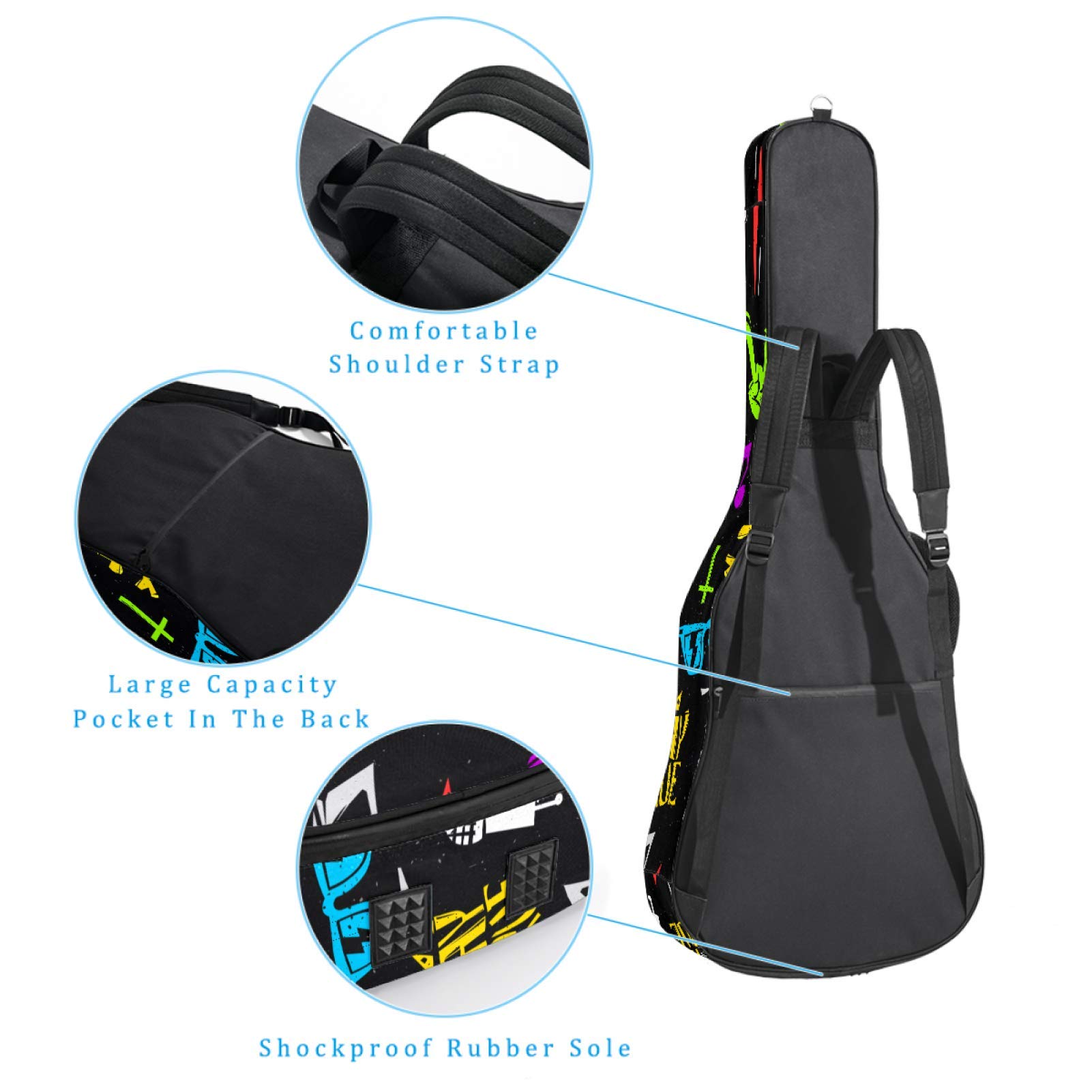 Borsa per chitarra impermeabile con cerniera morbida zaino per chitarra, chitarra acustica e classica folk chitarra elettrica Rock 'N' Roll Music Skull