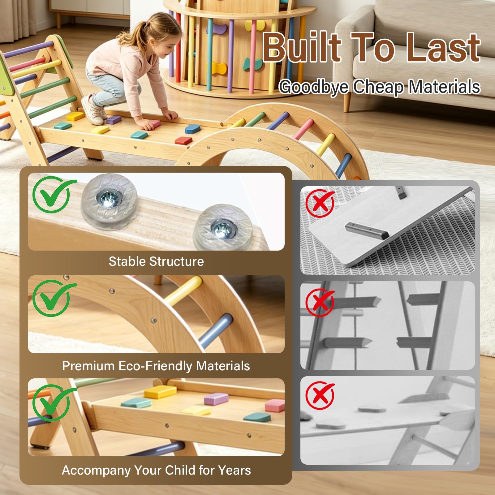 7 in 1 Montessori Klettergerüst Set Kinder ab 18m+ Holz Pikler Dreieck Baby Indoor Spielset Kletterdreieck mit Rutsche, Bogen, Leiter faltbar Spielplatz Geschenk für Kleinkinder Jungen und Mädchen 1-3