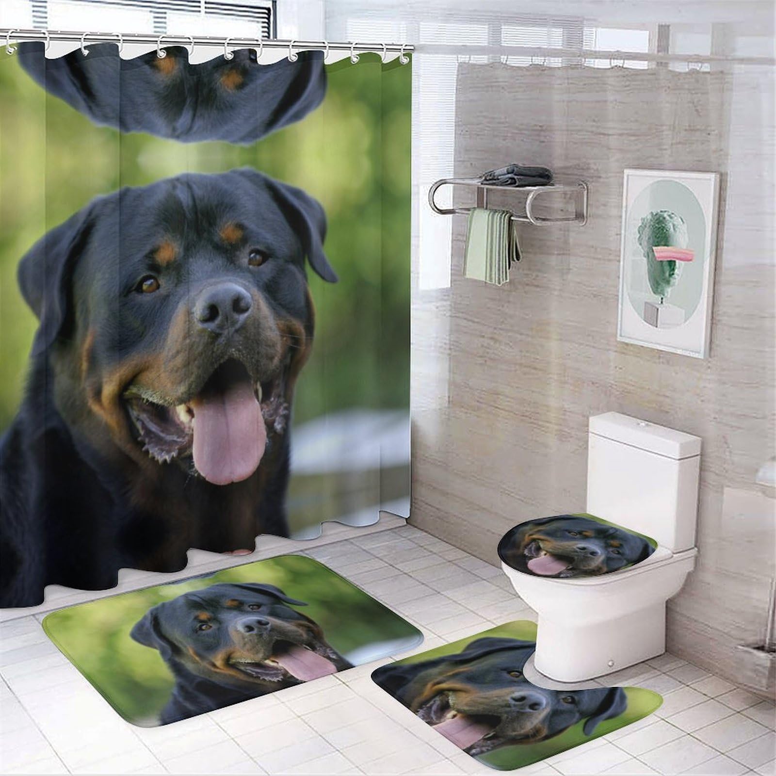JZemdybill Bathroom Mat Set 4 Piece, Rottweiler Shower Curtain with Non-Slip Bath Mats for Bathroom
