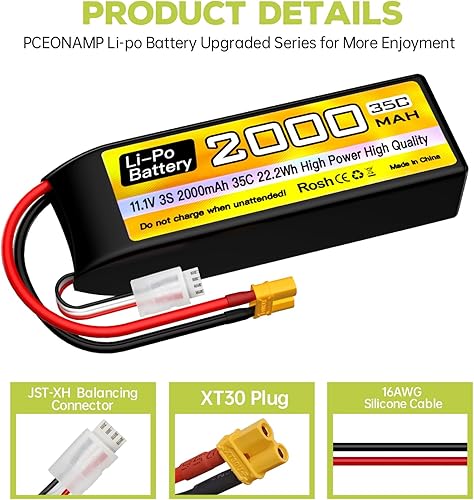 Miniatura 7 de sea jump 3S Lipo Batería 11.1V 2000mAh 35C con enchufe XT30 y cable de carga USB adecuado para coche RC, camión, barco RC, avión cuadricóptero,