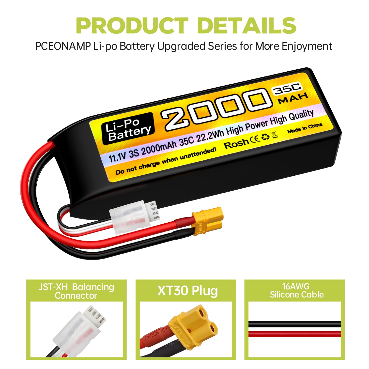 2PCS 3S Lipo11.1V 2000mAh 35C Batería con Enchufe XT30 con Cable de Carga USB para Buque de Control Remoto de Camiones automotrices RC vehículo de Cuatro rotores RC dron FPV