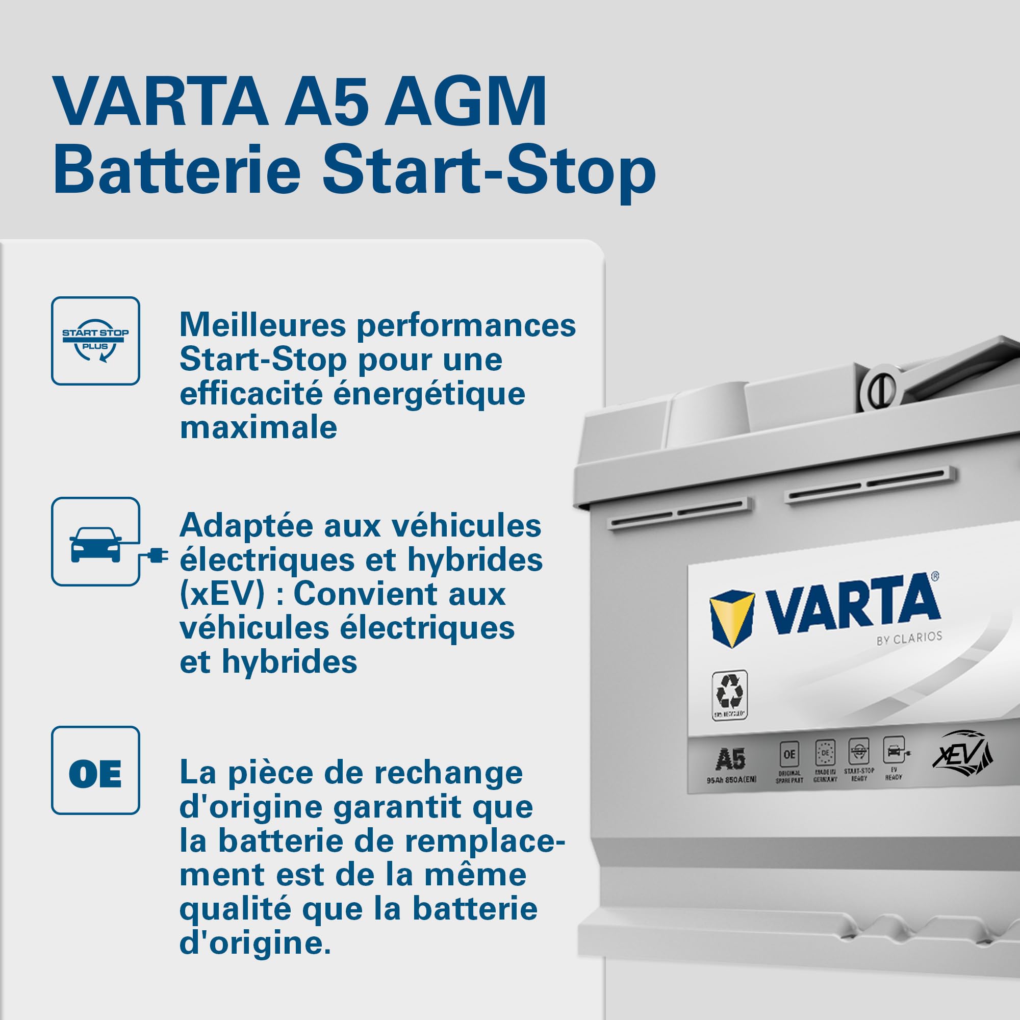 Batterie de démarrage XEV Varta Silver Dynamic AGM L5 A5 12V 95Ah / 850A 595901085