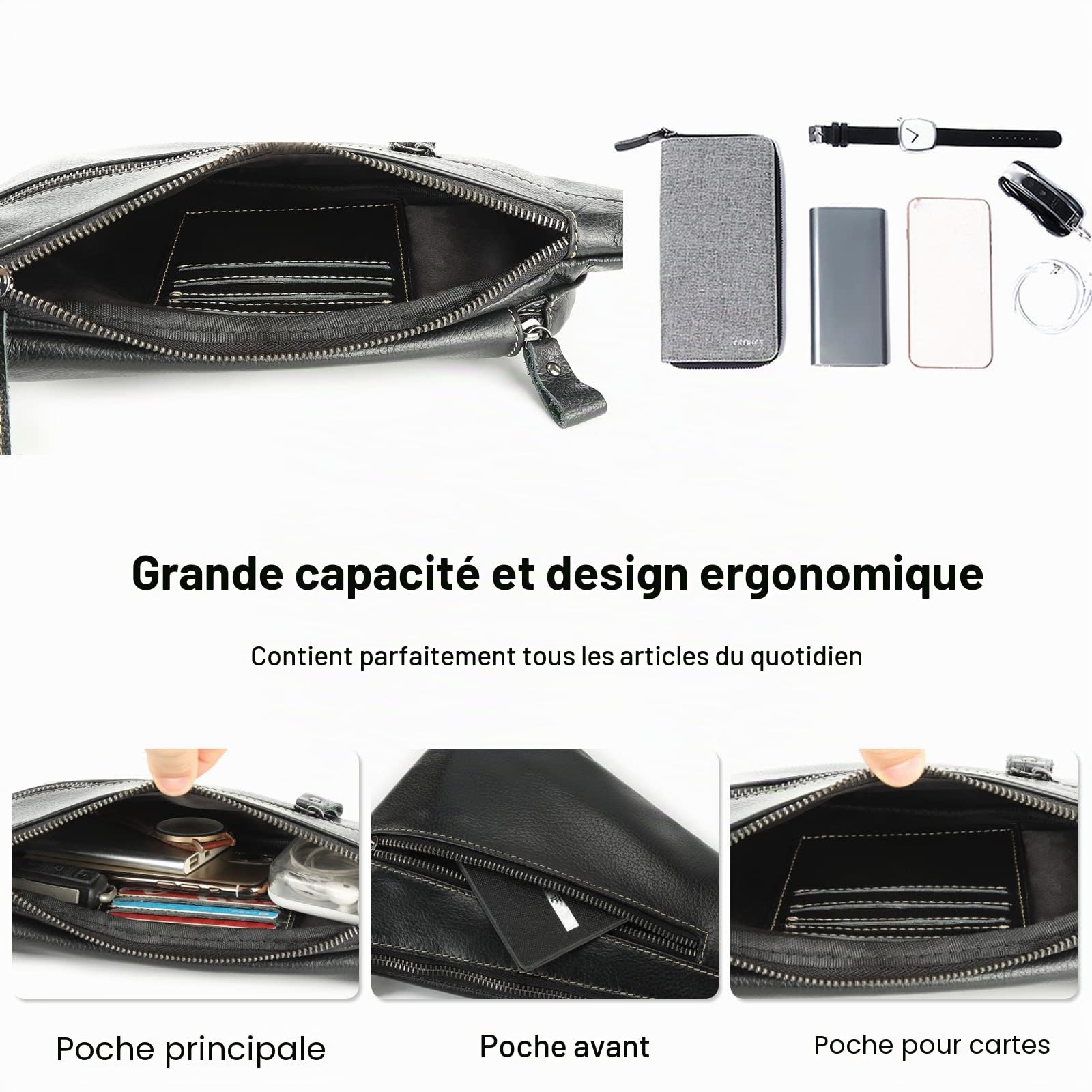 FANDARE Antivol Sac Poitrine Homme Sac Bandoulière des Sports Cuir Sacoche Sac Bandouliere Femmes Sac d'Epaule Sacoche Sacs a Dos Porté pour Voyage Sports épaule Travers Cyclisme Moto Sling Bag Noir