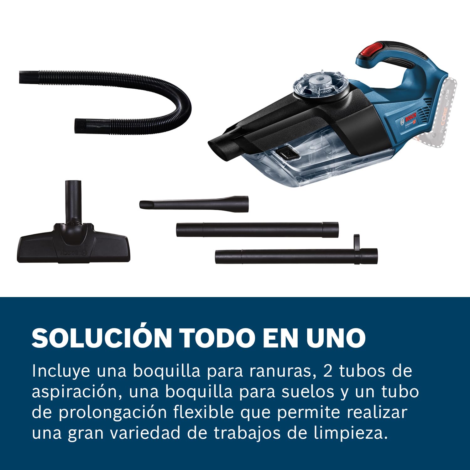 Bosch Professional 18V System aspirador manual a batería GAS 18V-1 (incl. tubo de aspiración, boquilla para ranuras, boquilla para moqueta, volumen del depósito 1 l, sin batería/cargador)