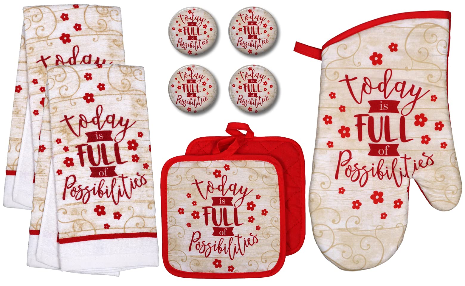 Charmed By Dragons Modern Farmhouse Kitchen Towel Set with Pot Holders Oven Mitt and Set of 4 Refrigerator Magnets Modern Farmhouse Decor (Full of Possibilities)