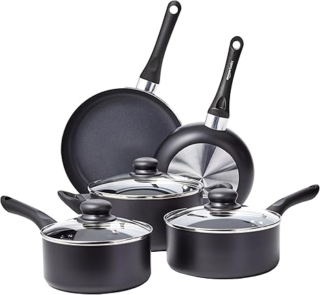 Amazon Basics Non-Stick Kitchen Cookware 8-Piece Set, Non-Induction, Includes Pots and Pans, Black