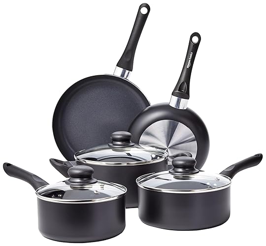 Amazon Basics Non Stick Kitchen Cookware 8-Piece Set, Non-Induction, Includes Pots and Pans, Black - 8-Piece Set, Non-Induction