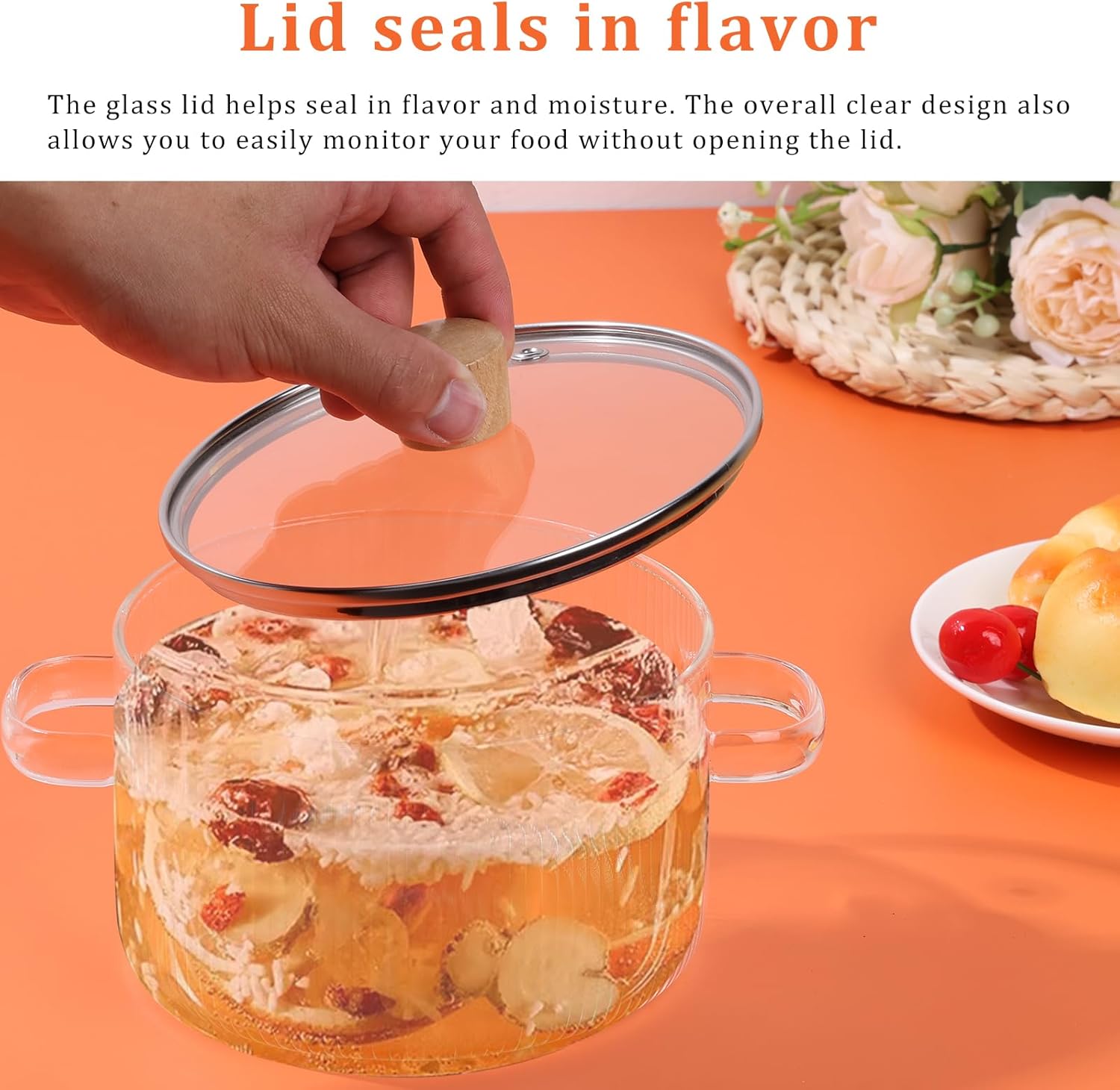 UKQRRTC Glass Cooking Pot 1.6L Glass Pots for Stove Top with Lid and Double Handles Simmer Pot Non-Stick Borosilicate Glass Cookware Clear Soup Pot for Soup Milk Sauce Pasta Noodle
