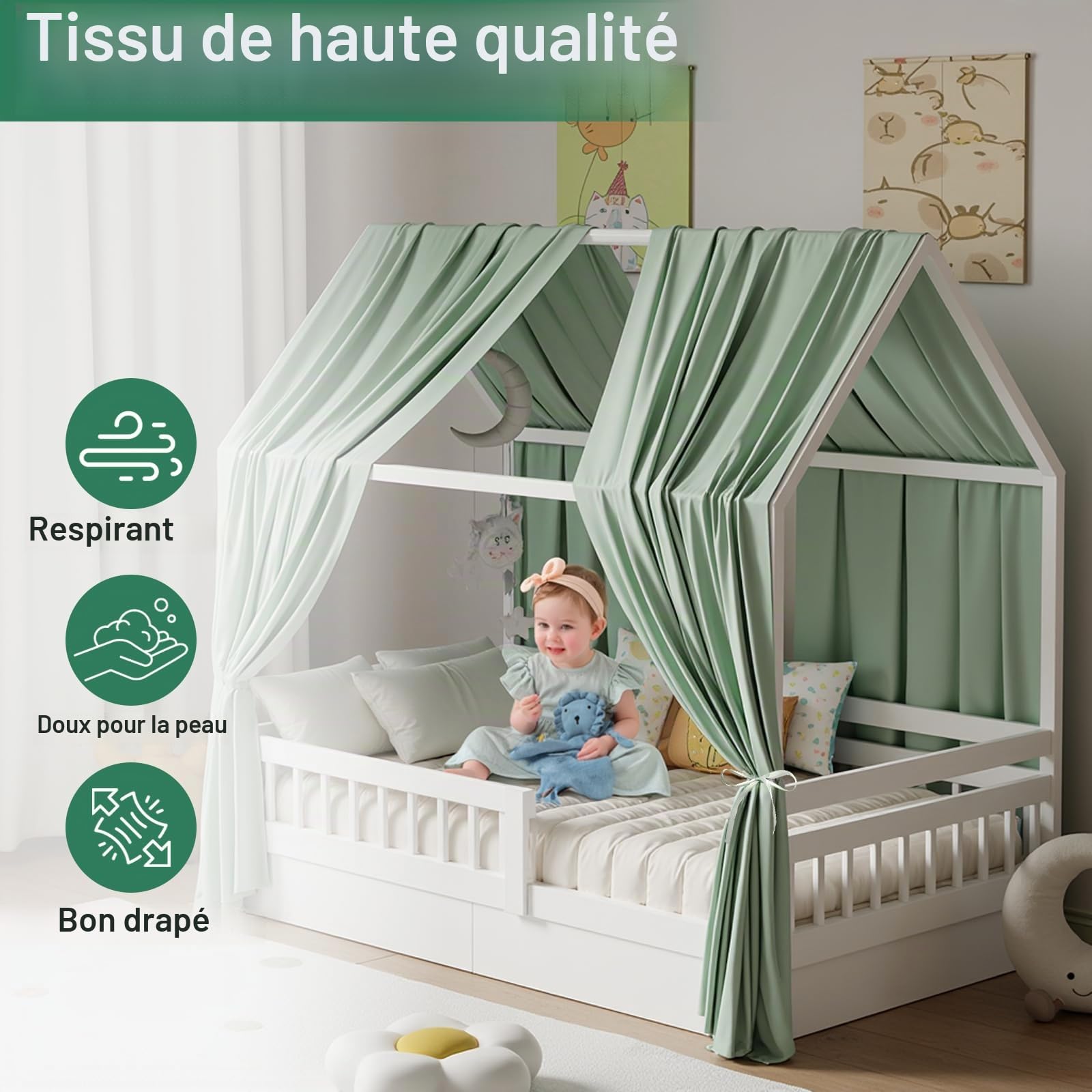 Ciel de lit en mousseline, 2 pièces, 270L x 67H cm, Vert, Polyvalent, Princess, Chambre d’enfant, Fille et Garçon