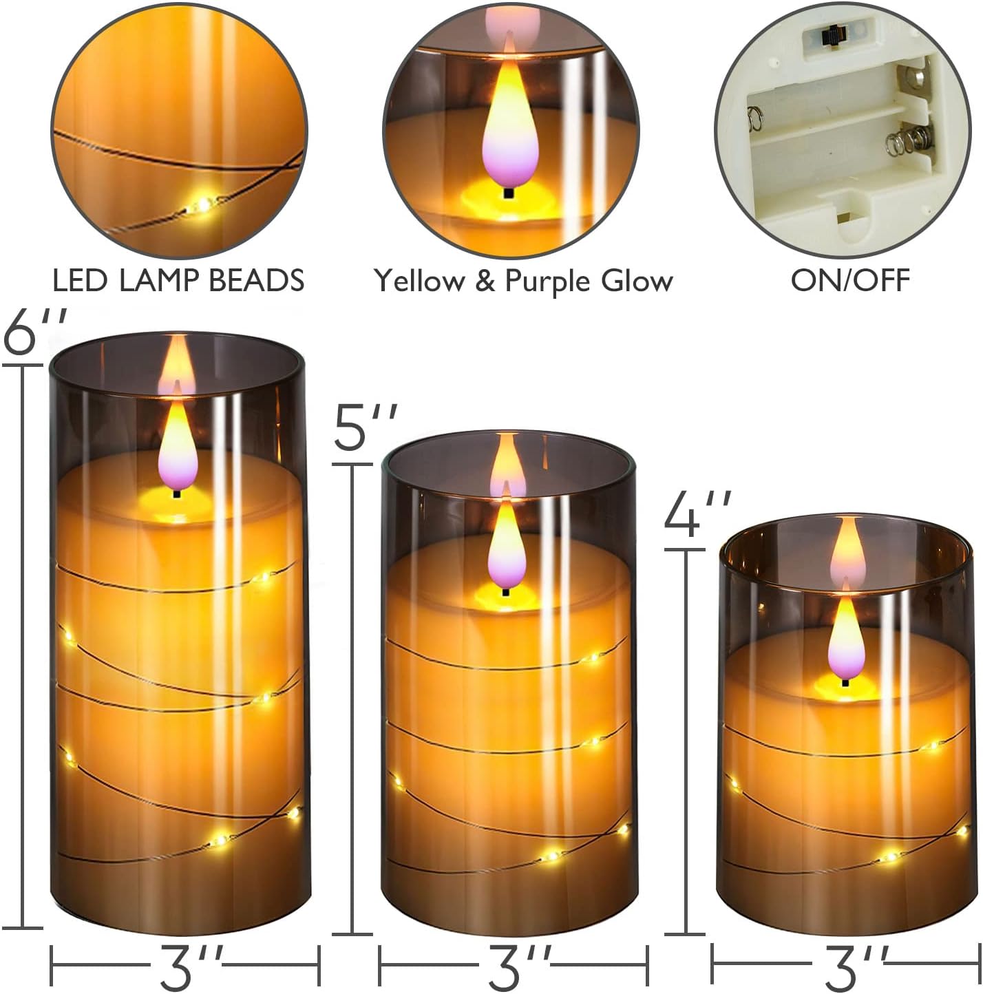 Homemory Flickering Flameless Candles with String Lights, Battery Operated Candles, Embedded String Lights LED Candles, Unbreakable Plexiglass with Remote, Set of 3, Grey