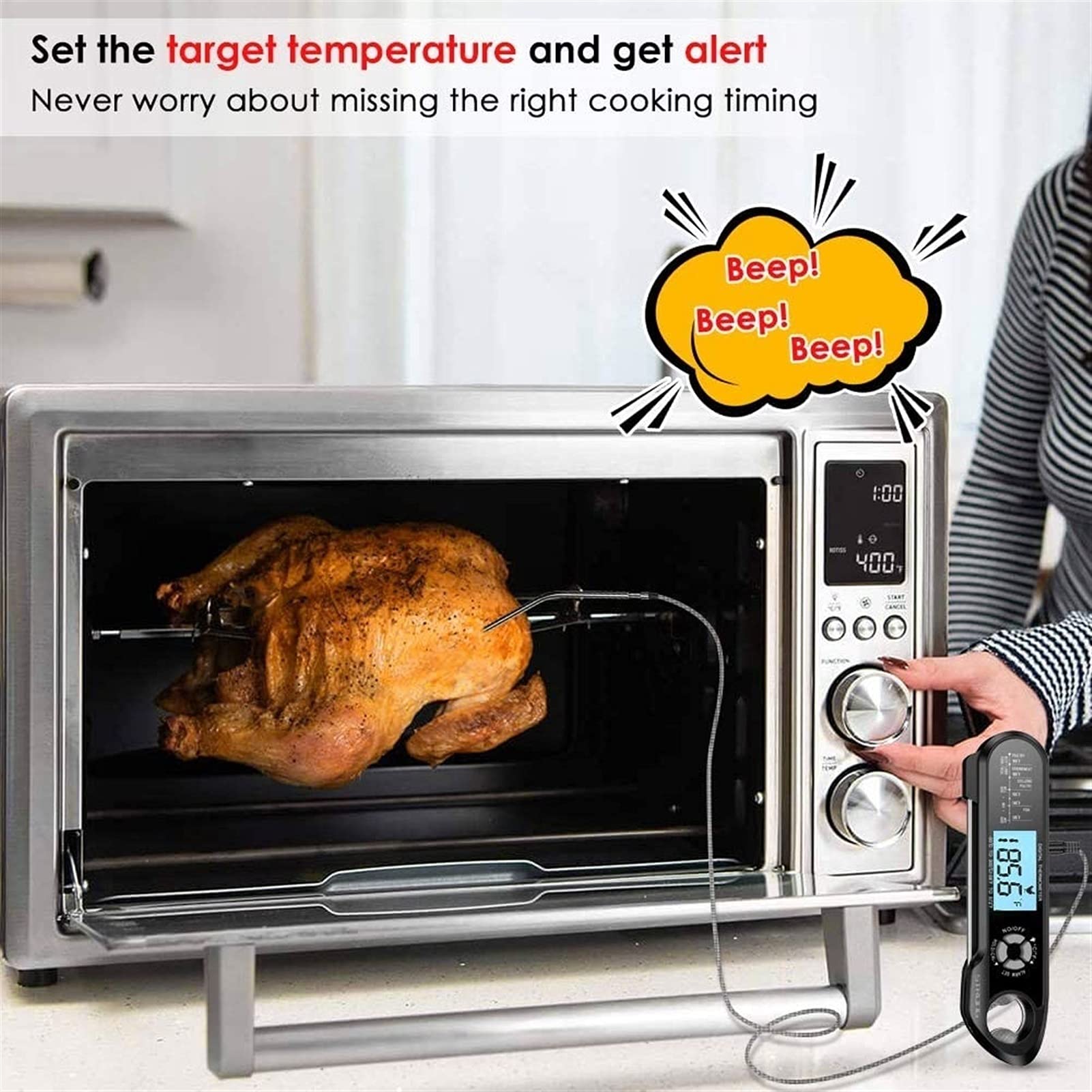 XMING Termómetro de Carne Read Lectura instantánea Caja Fuerte 2 en 1 Termómetro de Alimentos Digitales de Doble sonda con retroiluminación de Alarma para Cocina Cocina A la Parrilla Fumar Barbacoa (