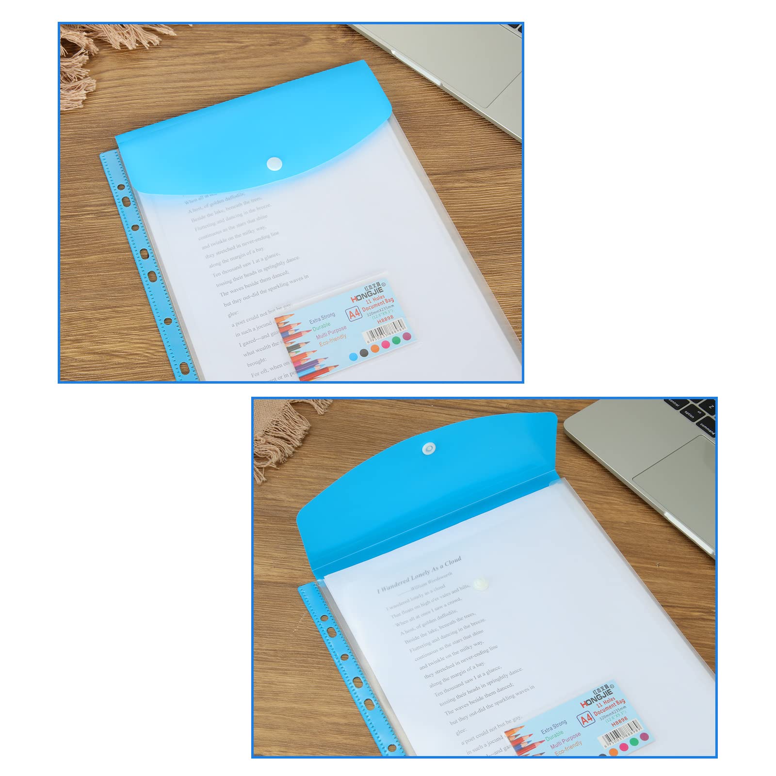 JAPCHET Lot De 30 Pochettes Perforées En Plastique A4, 6 Couleurs Perforées Avec Poche à étiquettes Et Fermeture à Boutons, Chemises à Bouton-pression, Dossiers à 11 Trous