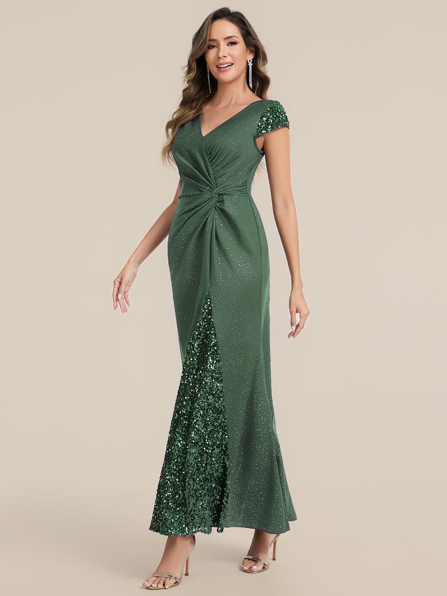 Ever-Pretty Abito da Sera Lungo Aderente Collo a V con Paillettes Maniche Corte EE02657