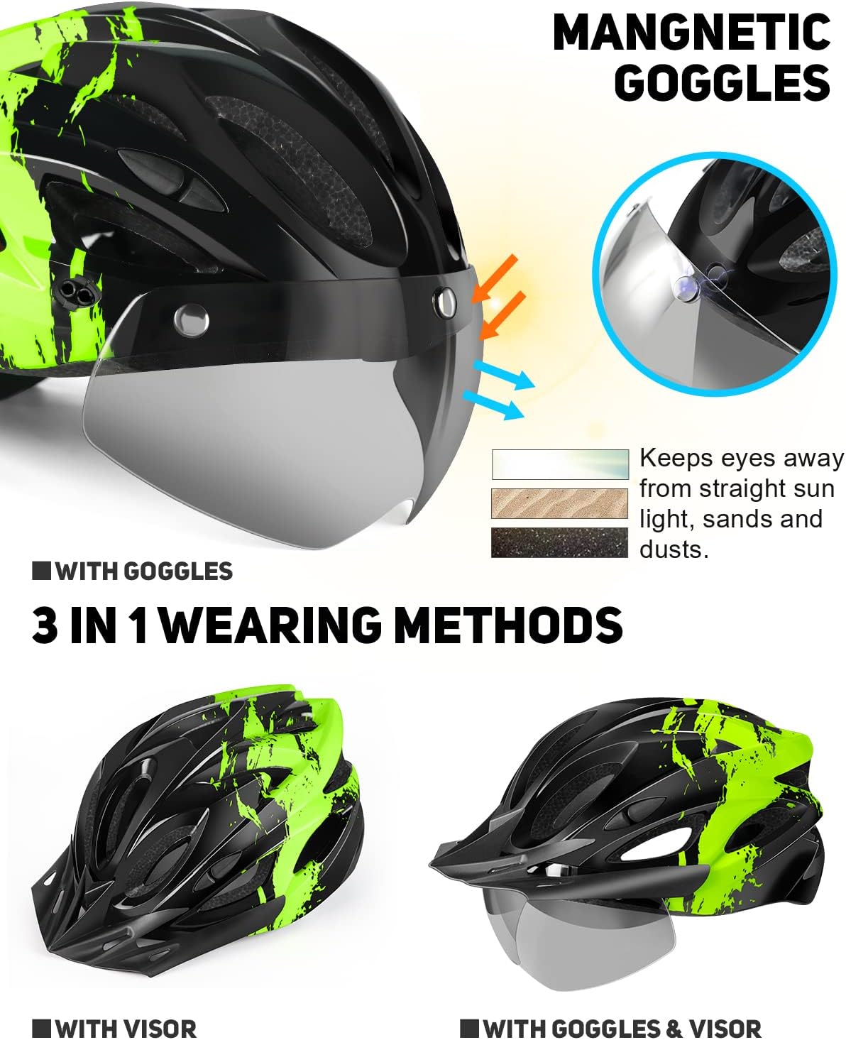 Bike Helmet with USB Rechargeable LED Light Detachable Goggles and Sun Visor, Mountain & Road Bicycle Helmets for Men Women Adult Cycling Helmets