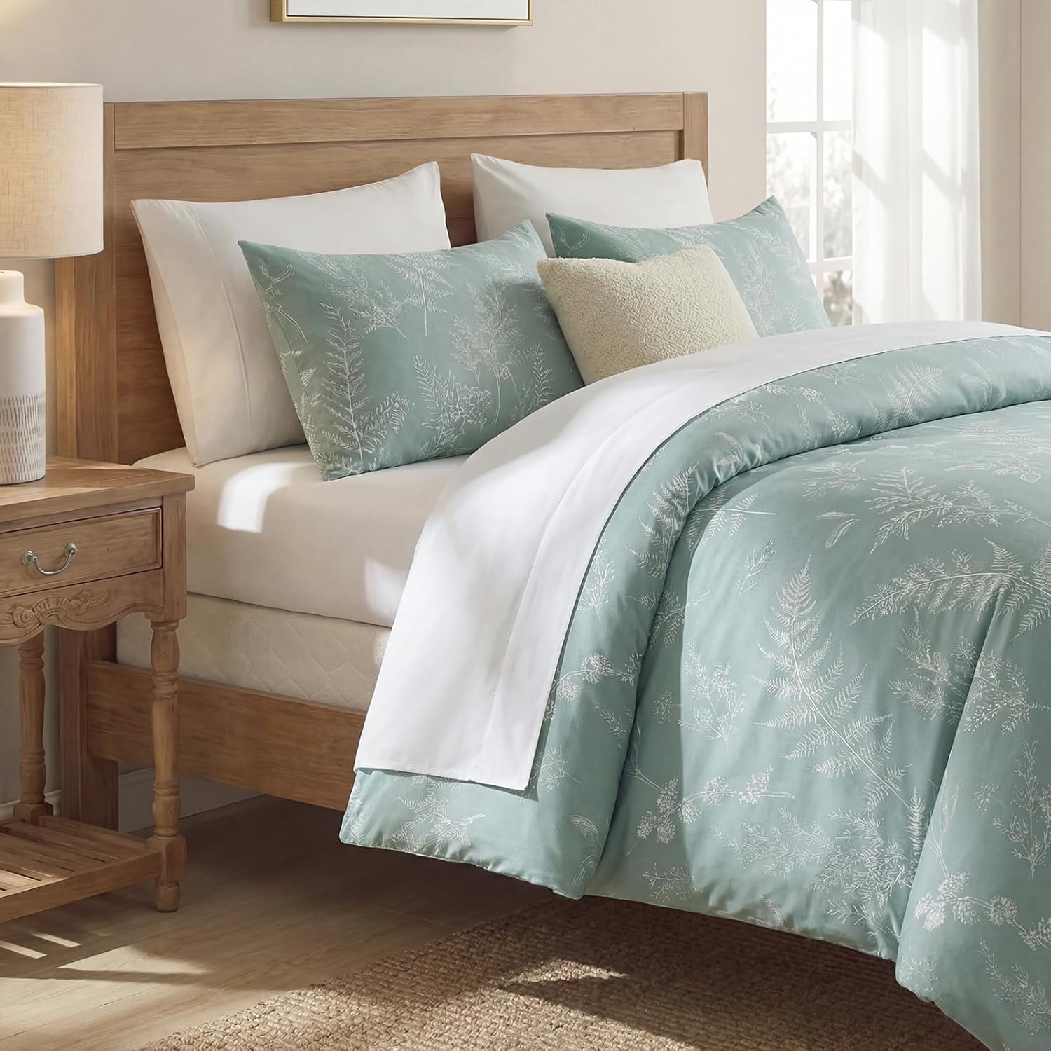 MOVE OVER 100% Cotton Floral Duvet Cover Set King Size, Green Branches Botanical Bedding, 3 Pcs with Zipper Closure & Corner Ties, Soft Breathable Duvet Cover for All Seasons
