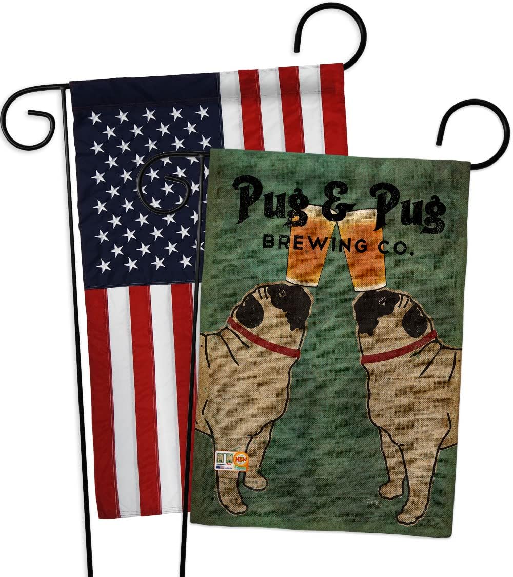 Dog Pug and Brewing Garden Flags Pack Animals Puppy Spoiled Paw Canine Fur Pet Nature Farm Animal Creature USA Vintage Applique Small Decorative Gift Yard House Banner Double-Sided US Made 13 X 18.5
