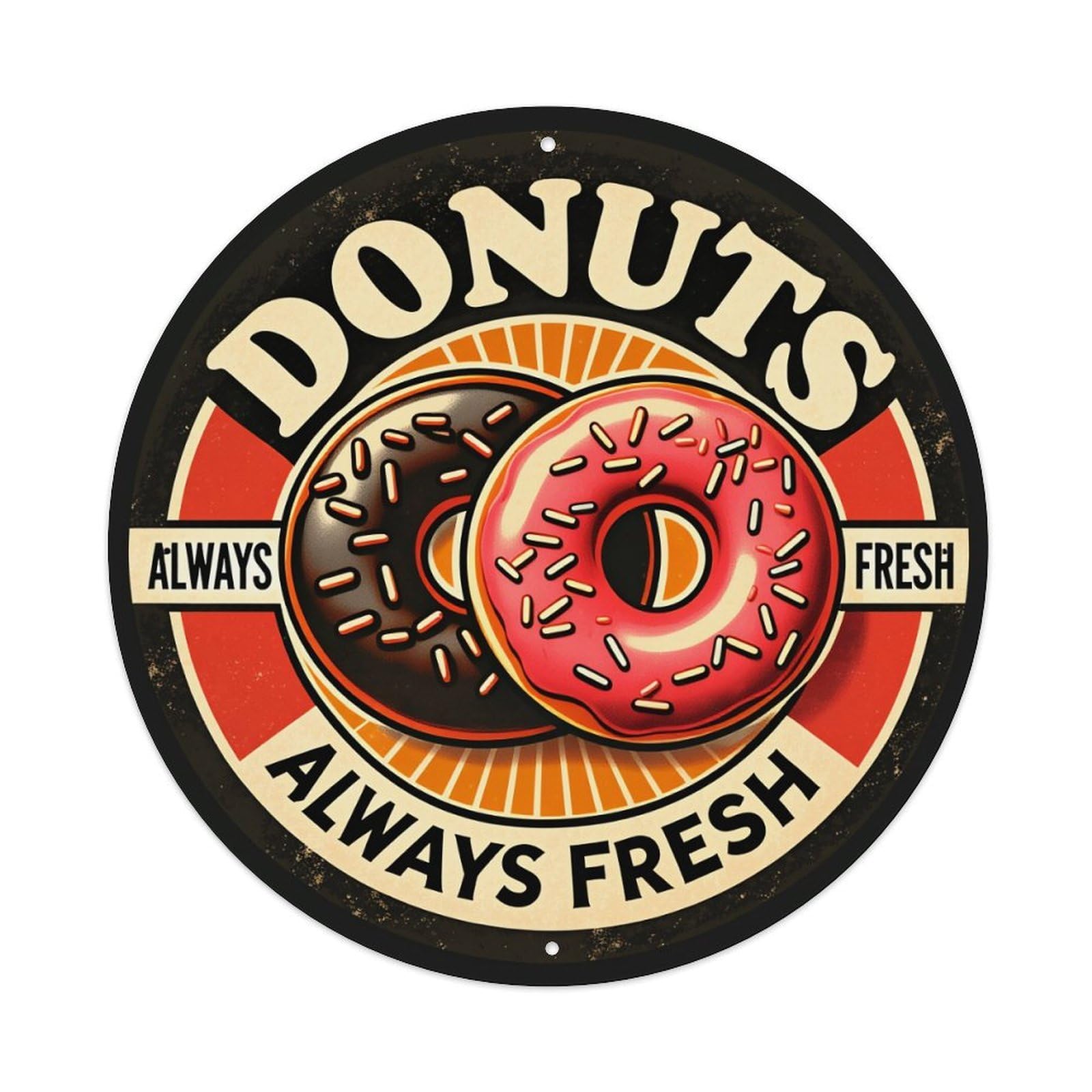 Donuts Always Fresh Pattern Print Round Tin Sign Vintage Metal Poster, Home Bar Garage Man Cave Cafe Indoor & Outdoor Wall Decoration 8x8Inches