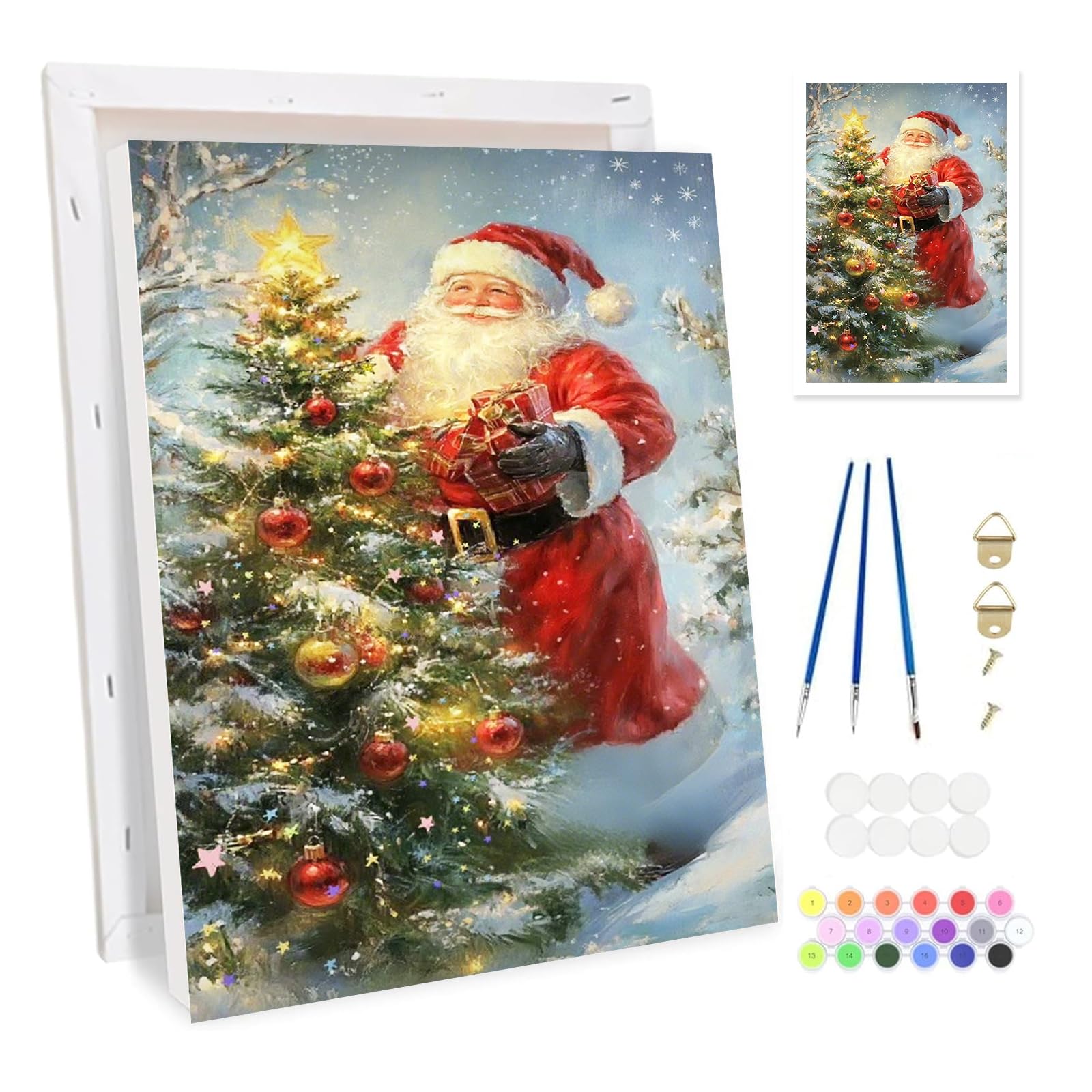 Bowetile Christmas Framed Paint by Numbers for Adults, Santa Christmas Tree Painting by Numbers Kit for Adults Beginners Canvas Kit, DIY Color Oil Painting Acrylic Paints for Home Wall Decor 20x30cm