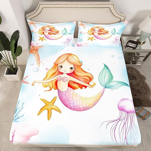 Erosebridal Sábanas de sirena Kawaii para niñas, sábana bajera ajustable de princesa kawaii, tamaño individual, diseño de medusa de estrellas de Erosebridal Sábanas de sirena Kawaii para niñas, sábana bajera ajustable de princesa kawaii, tamaño individual, diseño de medusa de estrellas de