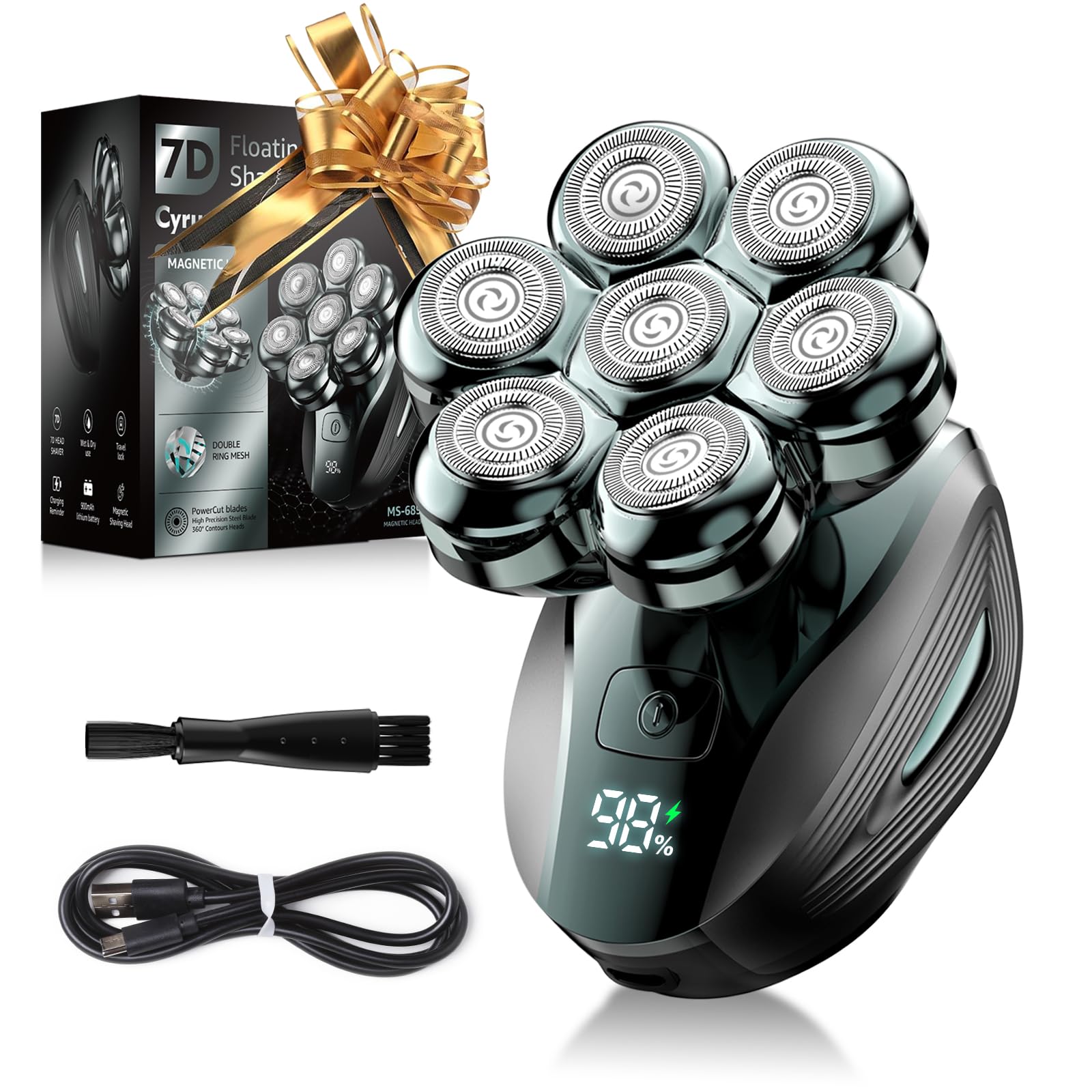 Cyruzi 7D Floating Electric Head Shaver, IPX7 Waterproof, 120-Min Run