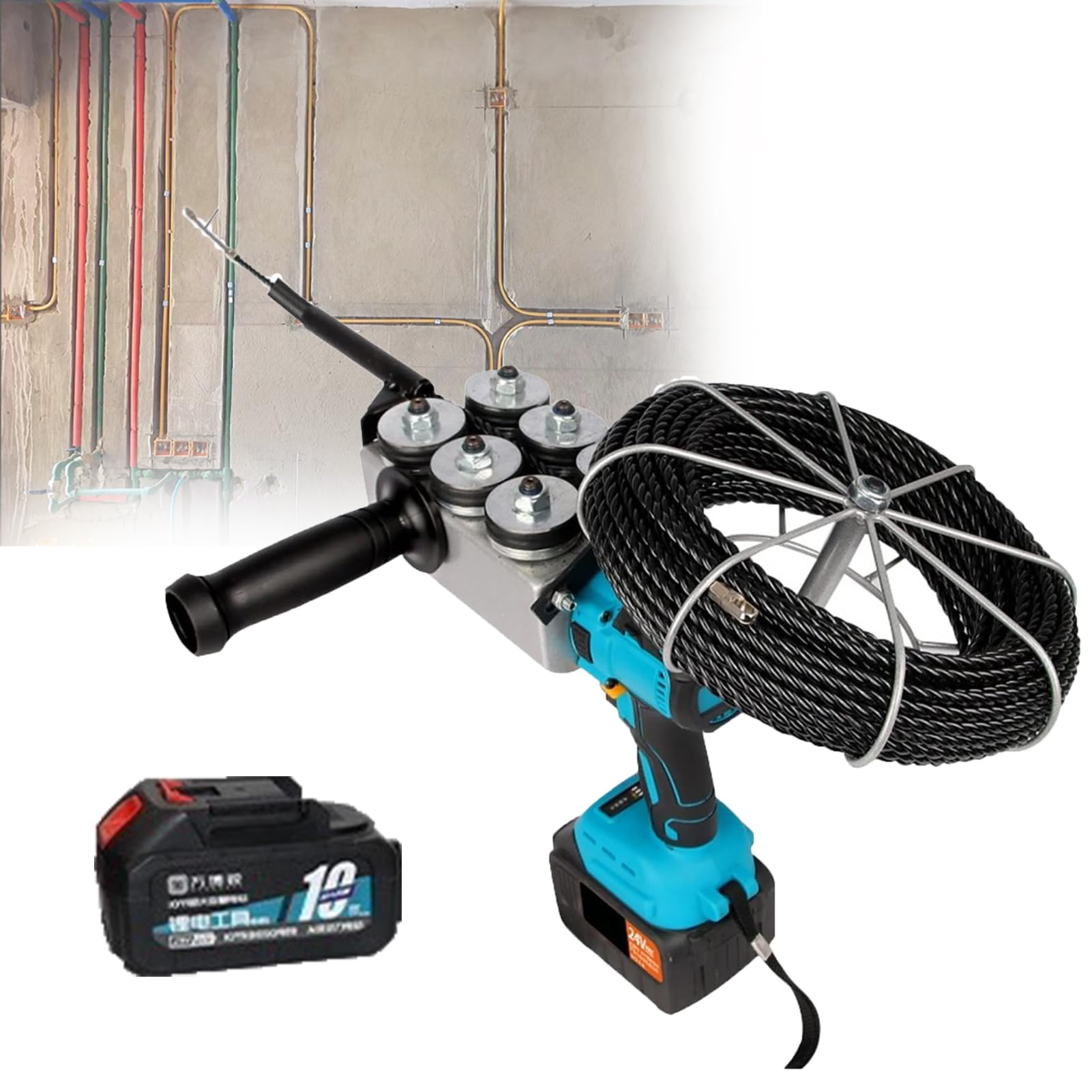 Herramienta de tracción de cables eléctricos, enhebrador automático, inalámbrico, velocidad de 40 m/min, cable de plomo de 30 m, 6 ruedas para cableado interior y exterior