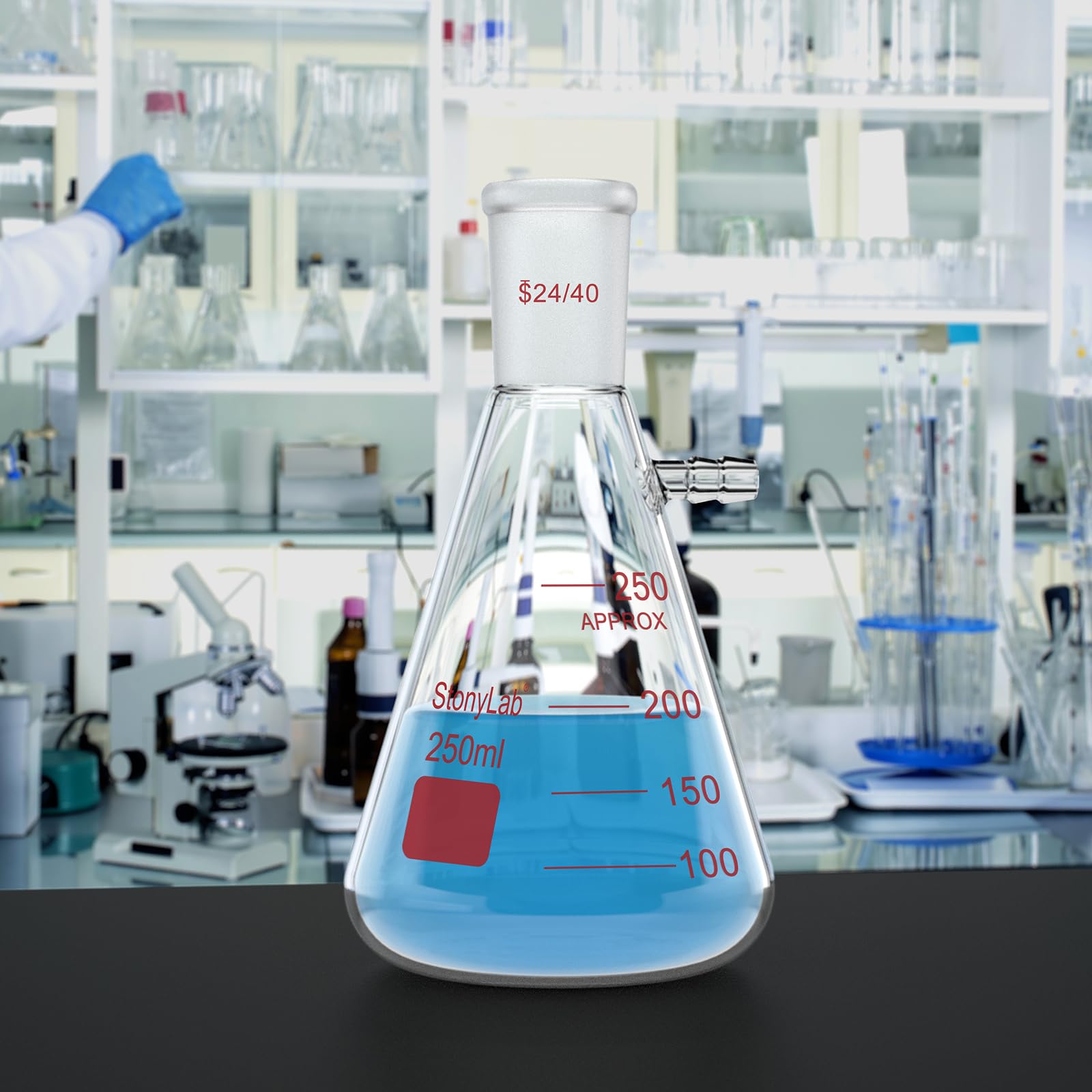 stonylab Fioles Filtrantes avec Joint Extérieur Conique Standard 24/40, Fiole à Filtre en Verre Borosilicaté à Paroi épaisse, Col à Boulon avec Tubulure, 250 ml