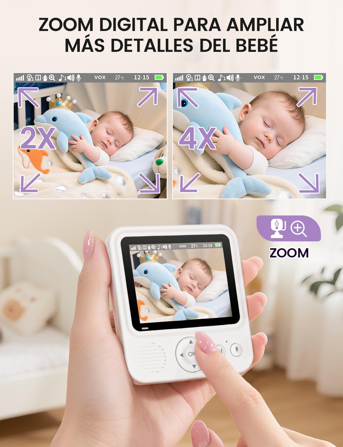 Vigilabebes con Cámara, Camara Vigilancia Bebe Inteligente con Pantalla HD 720P de 2.8'', 2000 mAh Batería, Zoom 2X 4X, VOX, Visión Nocturna, Monitoreo de Temperatura, Comunicación Bidireccional