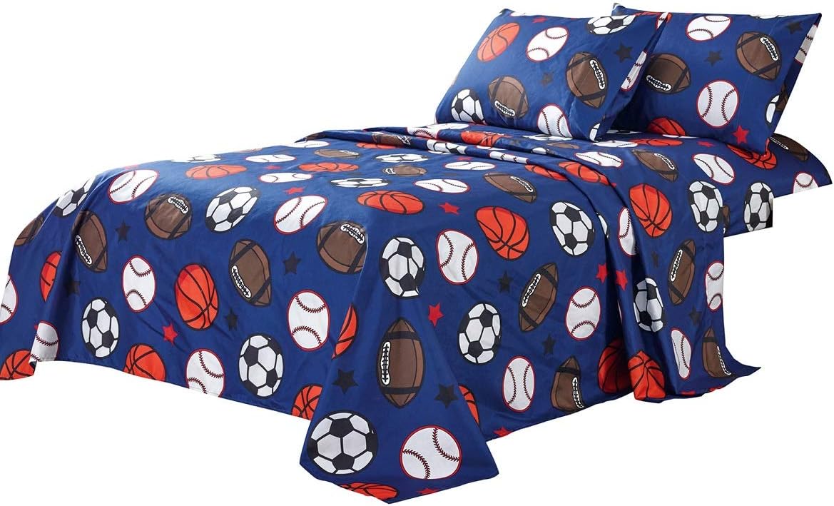 WPM 3 Piece Blue Twin Size Sheet Set with Flat and Fitted Sheets, Pillow sham. Football Soccer Baseball Basketball Print Sports Design Bedding(Football, Twin Sheet Set)