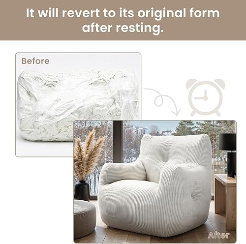 Miniatura 6 de Puf para adultos, puff esponjoso y cómodo con relleno, puf para leer, jugar, espuma rellena de alta densidad (beige y pana) Beige-pana,Peluche