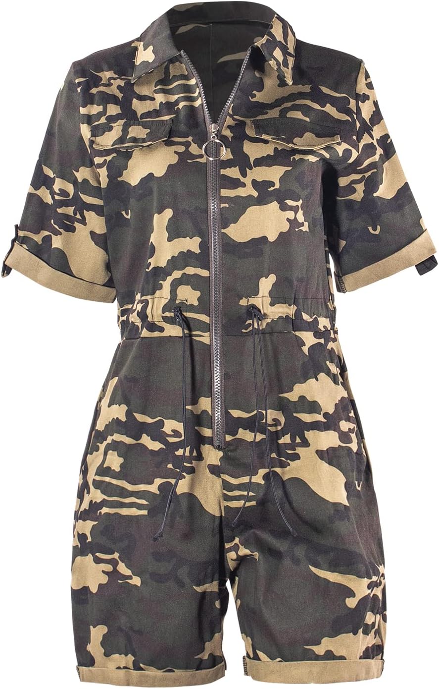 Womens Camo Print Jumpsuits V Neck Short Sleeve One-Piece Rompers with Pocket Outfits